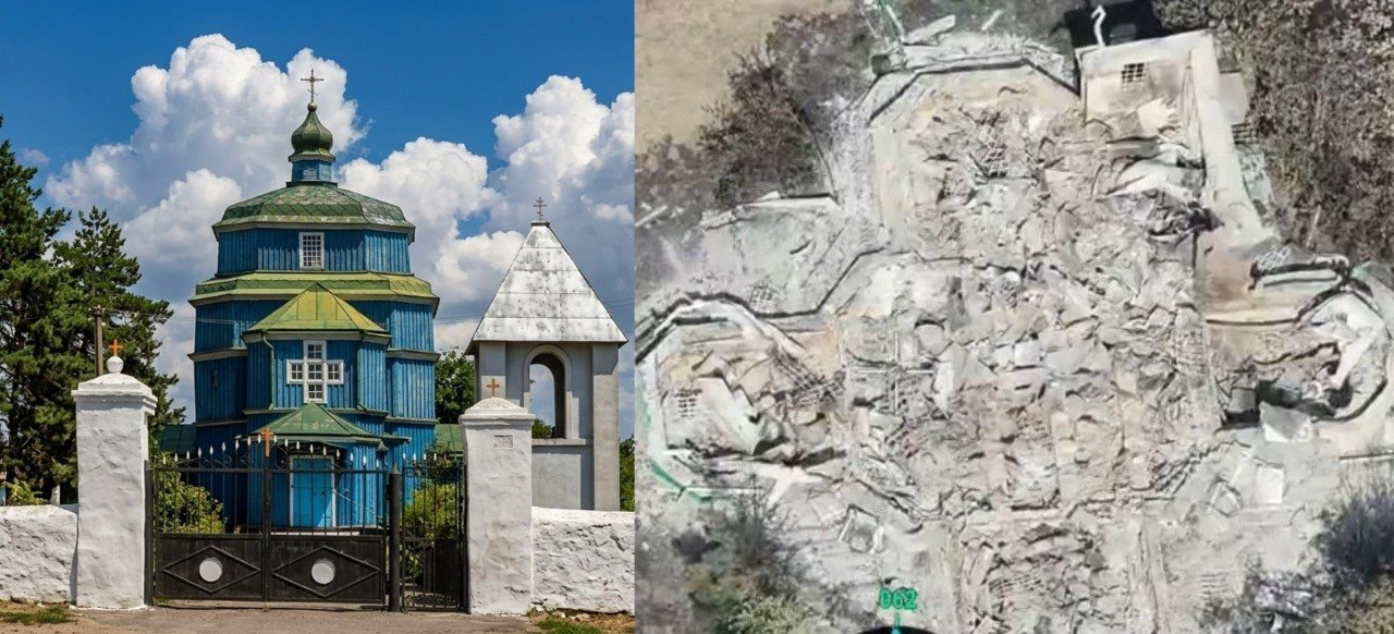 Колаж із двох зображень Свято-Введенської церкви у Бериславі: ліворуч — вигляд храму з фасаду до руйнування (синя дерев'яна будівля з куполом та дзвіницею поруч), праворуч — знімок з безпілотника, що фіксує повністю знищену споруду, перетворену на купу уламків і попелу.