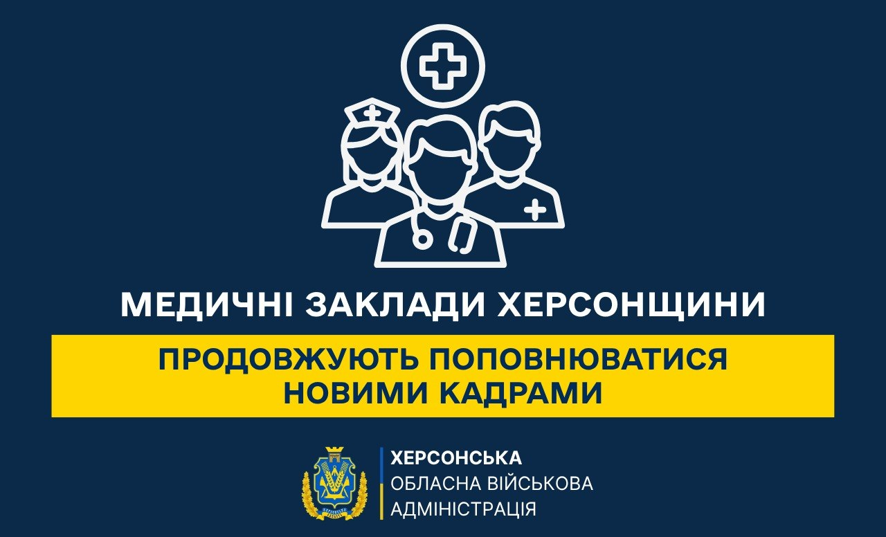 Інформаційна графіка Херсонської ОВА про поповнення медичних закладів області новими кадрами. На темно-синьому тлі зображено контурний малюнок медиків та напис: «МЕДИЧНІ ЗАКЛАДИ ХЕРСОНЩИНИ ПРОДОВЖУЮТЬ ПОПОВНЮВАТИСЯ НОВИМИ КАДРАМИ». Брошура та текст повідомляють про працевлаштування 7 молодих лікарів-спеціалістів та початок підготовки 5 лікарів-інтернів у деокупованих громадах.
