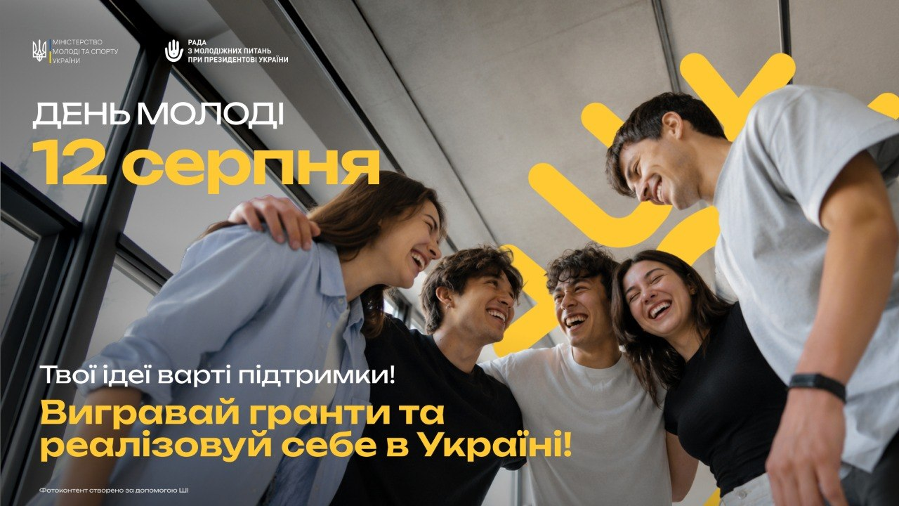 Інформаційний плакат до Дня молоді 12 серпня із зображенням компанії усміхнених молодих людей, що обіймаються, та текстом про можливість виграти гранти для реалізації ідей в Україні.