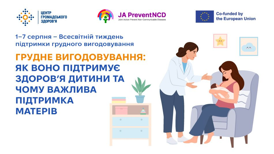 Ілюстрація з нагоди Всесвітнього тижня підтримки грудного вигодовування. На зображенні жінка сидить у кріслі та годує немовля грудьми, а поруч стоїть медична працівниця, яка підтримує її та дає поради. Зліва розміщено інформаційний текст, а зверху — логотипи Центру громадського здоров'я, ініціативи JA PreventNCD та Європейського Союзу.