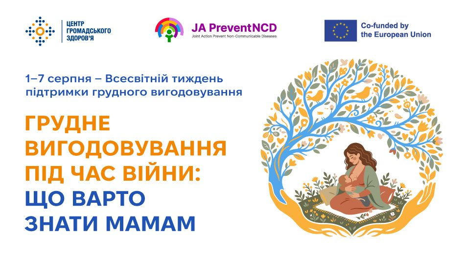 Інформаційний банер до Всесвітнього тижня підтримки грудного вигодовування з написом «Грудне вигодовування під час війни: що варто знати мамам». Праворуч зображено жінку, яка годує немовля, в оточенні декоративного дерева з птахами у формі серця, яке символічно підтримують дві великі долоні. Зверху розміщено офіційні логотипи Центру громадського здоров'я, JA PreventNCD та Європейського Союзу.