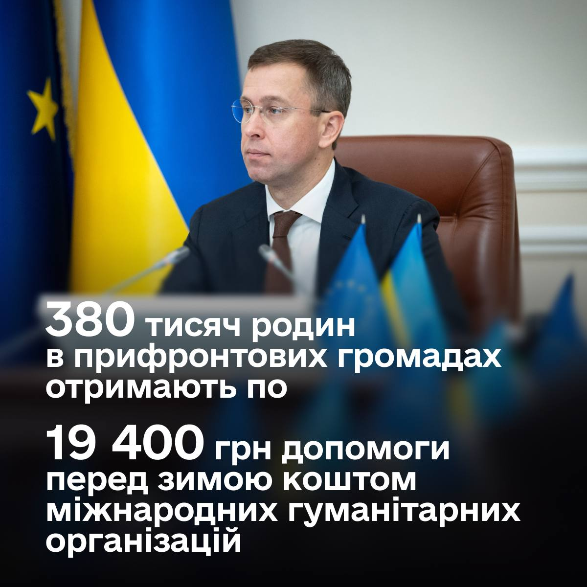 Інформаційний банер про виплату грошової допомоги на проходження опалювального сезону для мешканців прифронтових громад, яка фінансується за рахунок 7,4 мільярда гривень від міжнародних гуманітарних організацій, зокрема UNICEF та Українського Червоного Хреста. У верхній частині картки на офіційному робочому тлі зображено Сергія Корецького у темно-синьому класичному костюмі, білій сорочці, коричневій краватці та окулярах, який сидить у шкіряному кріслі. Ліворуч позаду нього розташовані великий державний прапор України та синій прапор Європейського Союзу, а на передньому плані перед ним встановлено кілька маленьких настільних прапорців України та ЄС. Нижня половина банера затемнена, і на ній великими білими літерами чітко нанесено головне повідомлення: 380 тисяч родин в прифронтових громадах отримають по 19 400 грн допомоги перед зимою коштом міжнародних гуманітарних організацій.