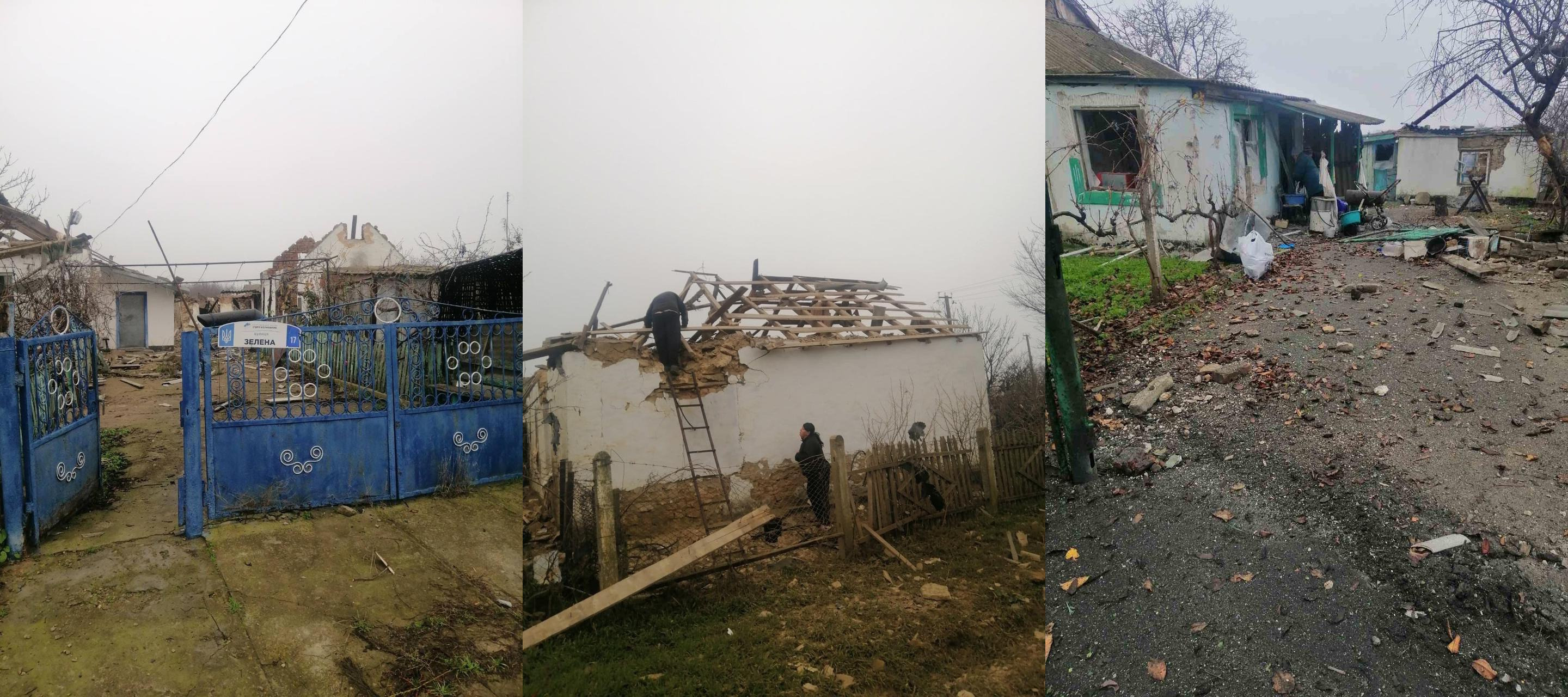 Колаж із трьох фотографій, що зображують пошкоджені приватні будинки та двори після обстрілу; на середньому кадрі видно двох людей, які ремонтують зруйнований дах.