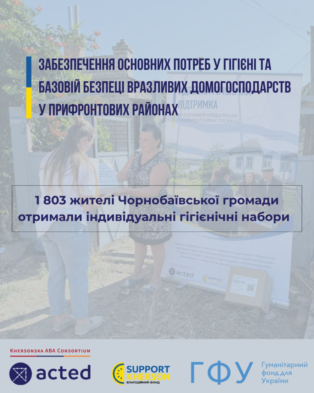 Офіційний інформаційний банер підсумовує результати гуманітарного проєкту із забезпечення основних потреб у гігієні та базовій безпеці вразливих домогосподарств у прифронтових районах, повідомляючи, що 1 803 жителі Чорнобаївської громади отримали індивідуальні гігієнічні набори. На напівпрозорому світлому тлі плаката нанесено великий темно-синій заголовок програми, а по центру в рамці чітко виділено кількість бенефіціарів у Чорнобаївці, Киселівці та Крутому Яру, переважно людей віком 60+ та маломобільних громадян. У нижній частині розміщено широку брендовану смугу з написом «KHERSONSKA ABA CONSORTIUM» та логотипами партнерів «acted», «SUPPORT KHERSON» та «ГФУ» (Гуманітарний фонд для України), які реалізували цю ініціативу у форматі адресної доставки до домівок отримувачів із розрахунком на підтримку протягом півроку.