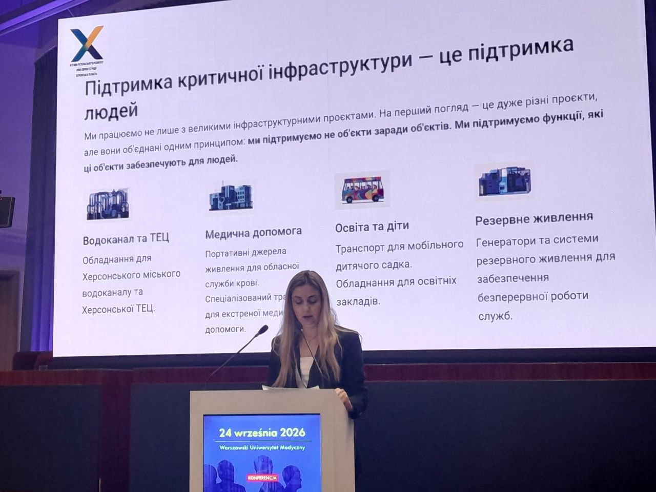 Заступниця директора установи «Агенція регіонального розвитку «Офіс євроінтеграції» Херсонської області» Інна Бутрій виступає за трибуною на сцені конференції у Варшаві, презентуючи на великому екрані доповідь «Підтримка критичної інфраструктури — це підтримка людей». На слайді з великим логотипом «Офісу євроінтеграції» детально розписано чотири ключові напрями міжнародної допомоги деокупованим громадам: «Водоканал та ТЕЦ» (обладнання для міських мереж), «Медична допомога» (портативні джерела живлення для служби крові, спецтранспорт), «Освіта та діти» (транспорт для мобільного дитсадка, обладнання для закладів) та «Резервне живлення» (генератори для безперервної роботи служб). Спікерка за кафедрою з синім банером та датою 24 вересня 2026 року ознайомлює іноземних донорів із досвідом залучення інвестицій та збереження базових соціальних послуг у прифронтових районах під час обстрілів та енергетичної кризи.