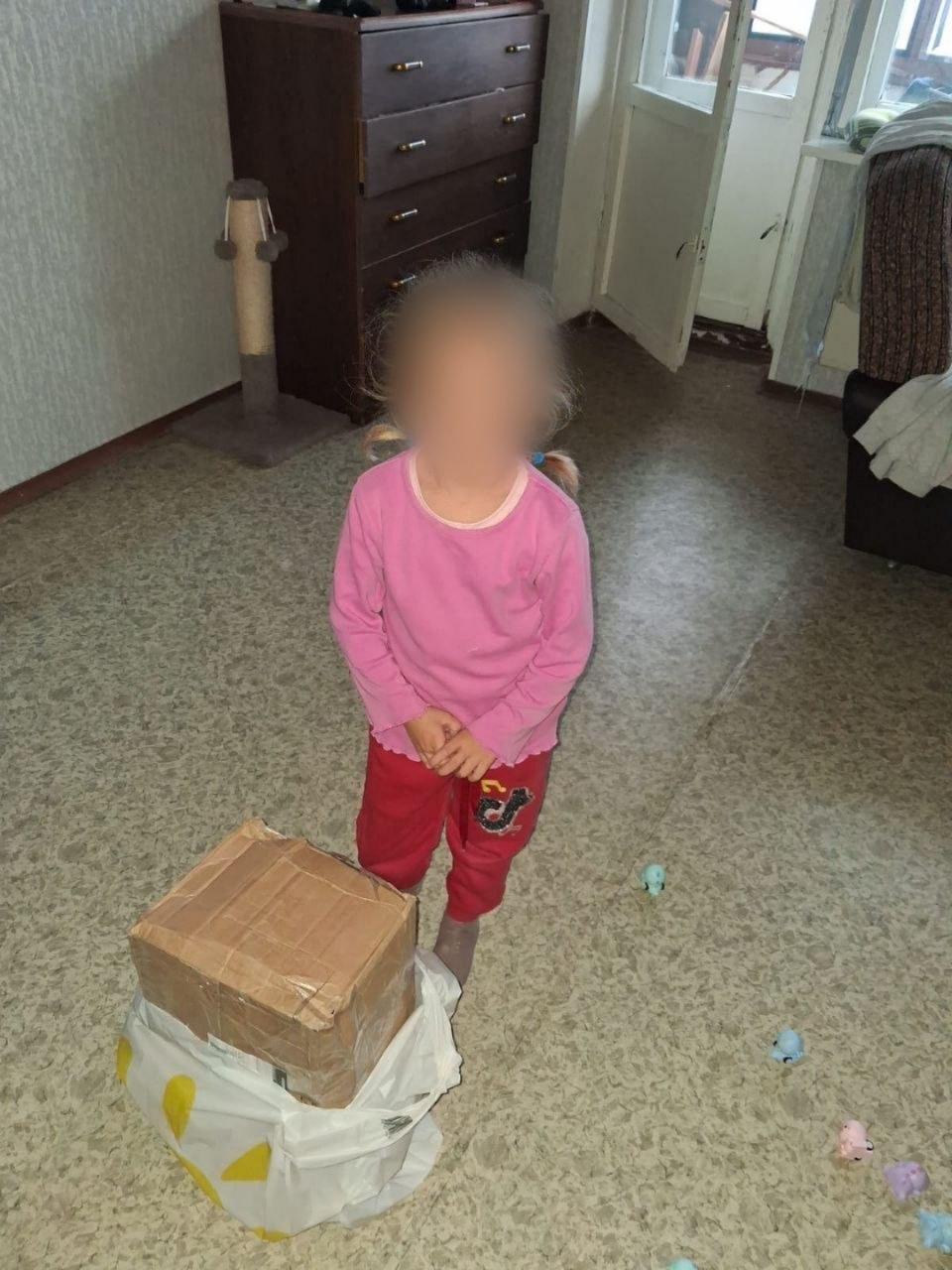 Громади Херсонщини продовжують супровід сімей з дітьми, яких вдалось повернути з тимчасово окупованих територій, забезпечуючи їх усім необхідним для життя. На світлині маленька дівчинка з розмитим обличчям у рожевій кофті та червоних штанях стоїть у кімнаті, а перед нею на підлозі лежить велика картонна коробка в пакеті з гуманітарною допомогою. Під час зустрічі представник Чаплинської селищної ради відвідав дівчинку з мамою, які наразі проживають у Полтавській області, щоб обговорити актуальні потреби сім’ї, приділити увагу умовам проживання родини та адаптації до нових умов. Також родині передали корисні набори, що включають засоби гігієни, постільну білизну та розвивальні дитячі ігри для комфортного відновлення.