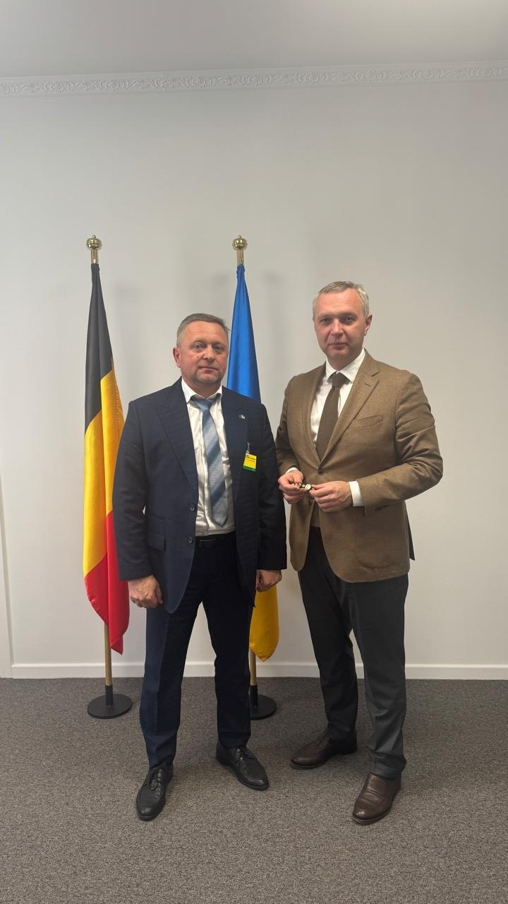 На світлині у повний зріст зображено першого заступника начальника Херсонської ОВА Дмитра Бутрія та Надзвичайного і Повноважного Посла України в Королівстві Бельгія Ярослава Мельника під час офіційної зустрічі в Брюсселі. Чоловіки стоять поруч один з одним на тлі світлої стіни кабінету та двох великих вертикальних прапорів на металевих підставках. Ліворуч стоїть Дмитро Бутрій у темно-синьому класичному костюмі, білій сорочці, світлій краватці в смужку та з жовтим акредитаційним бейджем на піджаку. Праворуч від нього стоїть посол Ярослав Мельник, одягнений у коричневий піджак, білу сорочку, темну краватку та темно-сірі штани. Позаду чоловіків розташовані державні стяги: ліворуч — чорно-жовто-червоний Державний Прапор Королівства Бельгія, а праворуч — синьо-жовтий Державний Прапор України. Під ногами присутніх лежить темне ковролінове покриття сіро-коричневого відтінку.