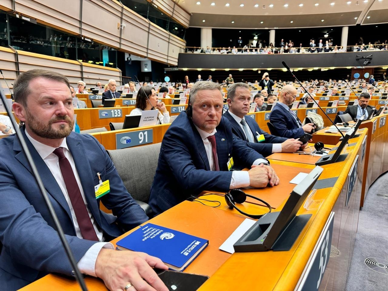 На світлині зафіксовано робочий момент пленарного засідання в залі Європейського парламенту в Брюсселі. У центрі кадру за робочим столом під номером 91 сидить перший заступник начальника Херсонської ОВА Дмитро Бутрій у темно-синьому костюмі, білій сорочці та червоній краватці, який дивиться в бік об'єктиву. Ліворуч від нього на передньому плані сидить чоловік у темно-сірому піджаку та бордовій краватці, який тримає руку на синій книжці-блокноті з логотипом Європарламенту. Праворуч від Дмитра Бутрія на тому ж ряду сидить інший учасник засідання в синьому костюмі та білій сорочці з жовто-зеленим акредитаційним бейджем на лацкані піджака. На довгих столах перед присутніми встановлено індивідуальні настільні екрани, мікрофони на гнучких ніжках та лежать навушники для синхронного перекладу. Позаду них амфітеатром піднімаються численні ряди робочих місць із європейськими делегатами під номерами, а на далекому задньому плані видно заповнений людьми балкон.