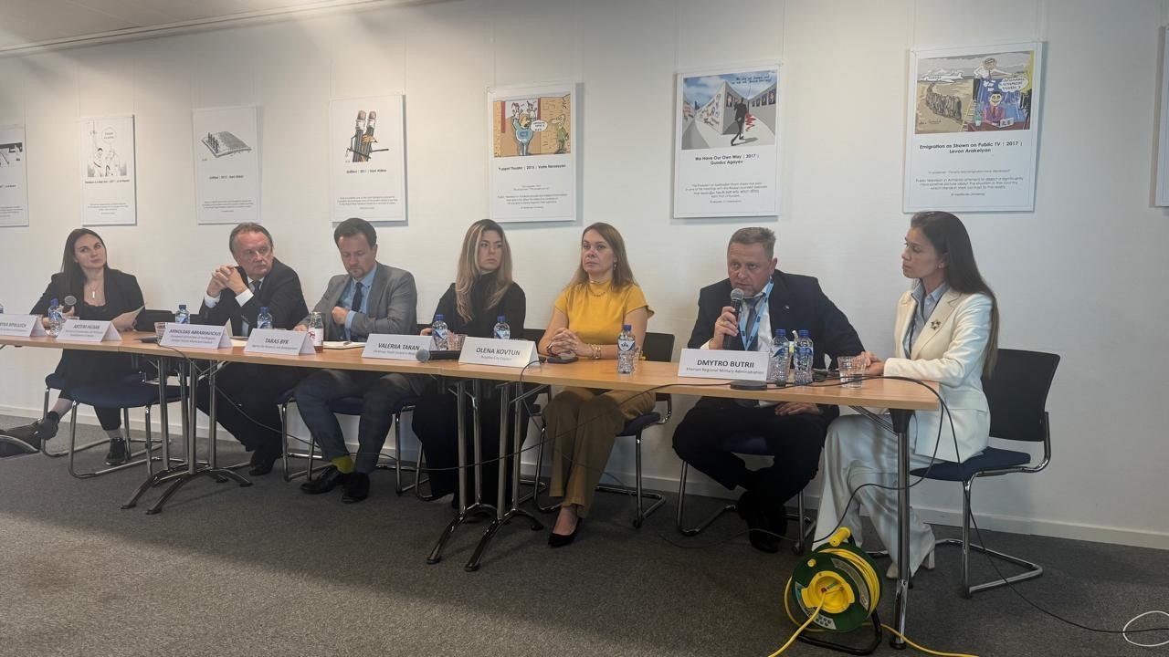На світлині зафіксовано момент виступу першого заступника начальника Херсонської ОВА Дмитра Бутрія на міжнародній панельній дискусії у Брюсселі. Сім учасників обговорення сидять в один ряд за довгим дерев'яним столом президії на тлі білої стіни, на якій розвішані плакати з малюнками та англомовними написами. Якщо дивитися від правого краю до лівого, за столом розмістилися: жінка у світлому брючному костюмі, перший заступник начальника Херсонської ОВА Дмитро Бутрій у темно-синьому піджаку, який говорить у мікрофон, жінка у гірчичній кофті та коричневих штанях, жінка у чорному вбранні, чоловік у сірому піджаку з блакитною краваткою, чоловік у чорному костюмі та білій сорочці, а також жінка у чорному піджаку на лівому краю столу. Перед присутніми на столі стоять пляшки з водою, склянки та розкладені робочі матеріали, а на передньому плані праворуч на підлозі лежить котушка з жовтим подовжувачем.