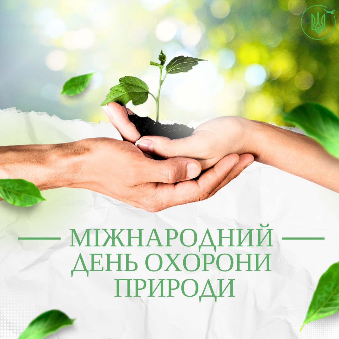 На світлині зображено офіційний інформаційний банер від Херсонської ОВА, присвячений Міжнародному дню охорони природи. У центрі кадру чоловічі та жіночі руки разом дбайливо тримають грудку ґрунту з молодою зеленою рослиною. Верхня частина плаката має розмитий зелений фон із сонячними відблисками, літаючим листям та круглим зеленим логотипом із гербом України у кутку. Нижня частина виконана у вигляді білого пом'ятого паперу, на якому великими зеленими літерами нанесено напис «МІЖНАРОДНИЙ ДЕНЬ ОХОРОНИ ПРИРОДИ».