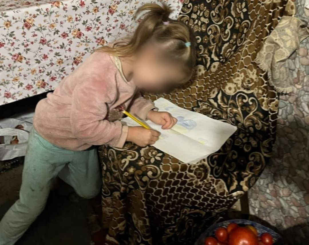 На світлині зафіксовано момент, коли найменша дитина з родини переселенців із Херсонщини захоплено малює листа до Святого Миколая. Маленька дівчинка зі світлим волоссям, зібраним у хвіст із блакитною резинкою, одягнена в рожеву пухнасту кофту та світло-зелені штани. Вона схилилася над стільцем, який застелений темно-коричневим покривалом з візерунками, і зосереджено малює олівцем на великому білому аркуші паперу. Обличчя дівчинки на зображенні штучно розмите з міркувань безпеки. Ліворуч на задньому плані видно край столу зі світлою скатертиною в квіточку, під яким стоїть білий пакет, а на передньому плані праворуч на підлозі розміщено велику тарілку зі стиглими червоними помідорами.
