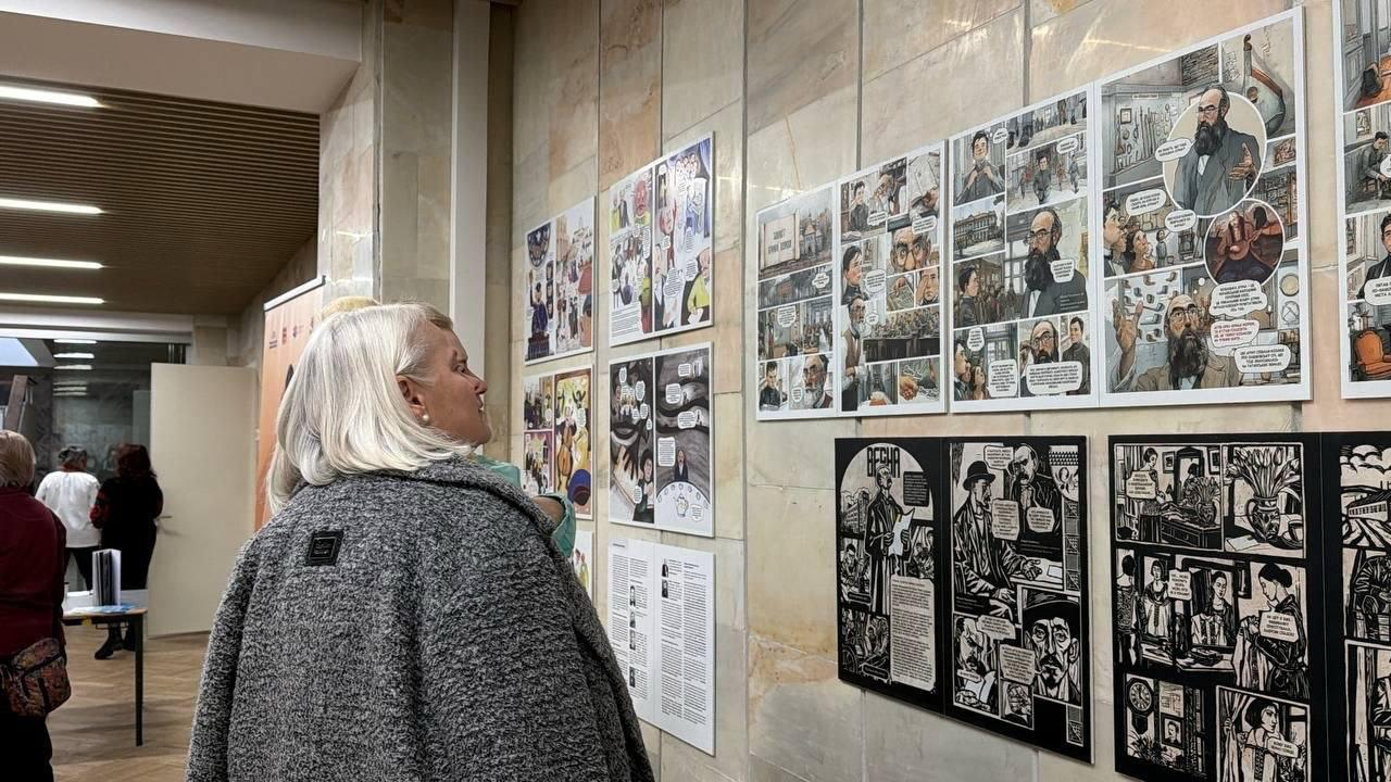 На світлині зафіксовано відвідувачку культурно-мистецького проєкту «Херсонщина – життя під прицілом» у Львівському палаці мистецтв під час детального огляду експозиції виставки-мальопису «Розпакована історія». Ліворуч на передньому плані боком до об'єктиву стоїть жінка старшого віку з коротким сивим волоссям у щільному сірому пальті, яка уважно розглядає представлені роботи. Світла кахельна стіна зали заповнена численними великими плакатами-мальописами, серед яких у верхньому ряду розміщені яскраві кольорові комікси з історичними персонажами та репліками-діалогами, а в нижньому ряду — графічні чорно-білі картини у стилі ліногравюри. На далекому плані ліворуч помітно відкритий прохід до іншої виставкової зали, де біля столів ходять інші гості заходу.