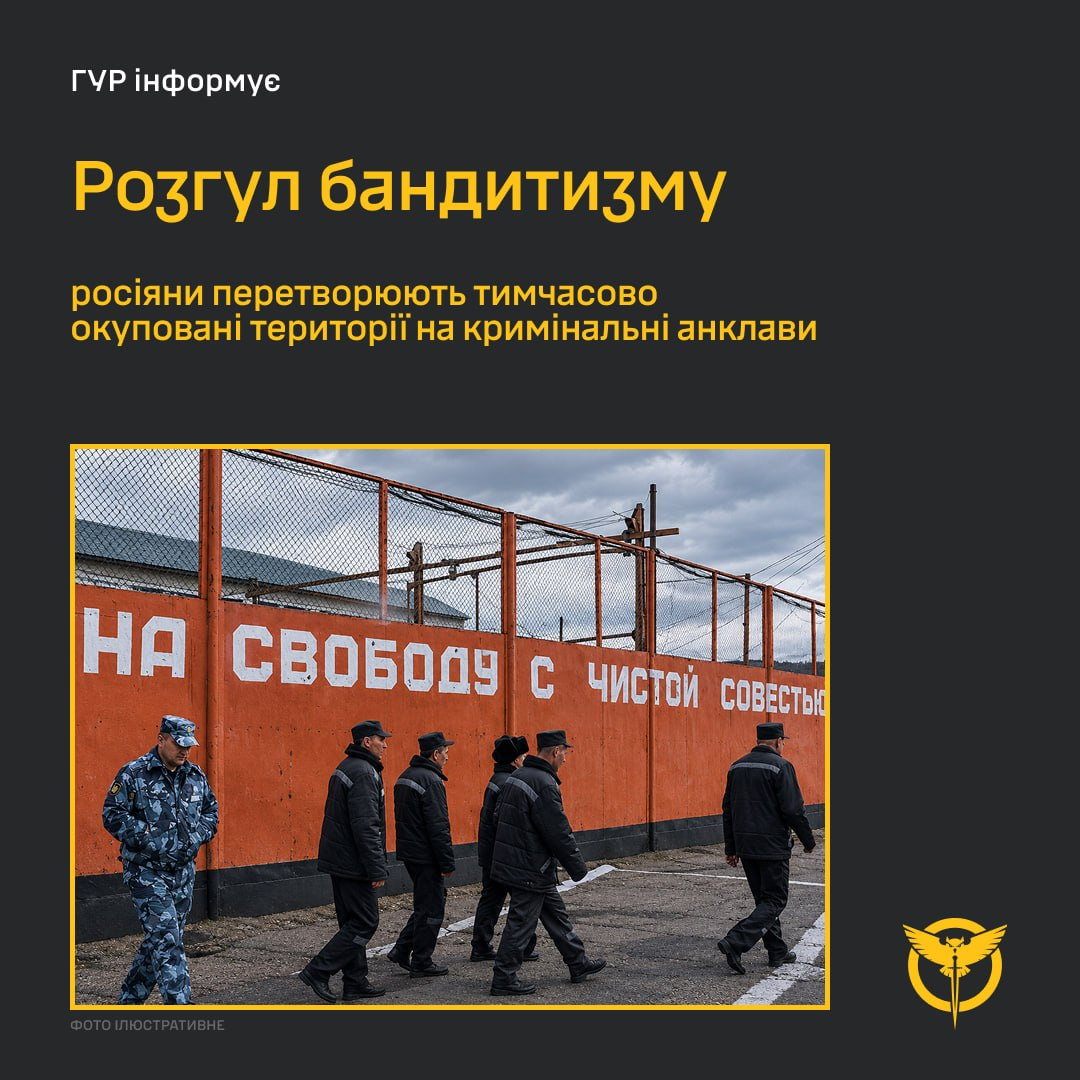 На інформаційному плакаті ГУР МО України зображено засуджених у супроводі тюремного наглядача на тлі високого паркану колонії, що ілюструє тему криміналізації окупованих територій. У верхній частині плаката на темно-сірому тлі нанесено білий напис «ГУР інформує», великий жовтий заголовок «Розгул бандитизму» та жовтий підзаголовок «росіяни перетворюють тимчасово окуповані території на кримінальні анклави». По центру розміщено ілюстративне фото в жовтій рамці, де на передньому плані ліворуч стоїть тюремний наглядач у синьому камуфляжі, а повз нього крокують п'ятеро в'язнів у чорних куртках, штанях та кепках. На задньому плані фото видно високу помаранчеву стіну із заґратованим верхом і колючим дротом, на якій нанесено пропагандистське гасло російською мовою «НА СВОБОДУ С ЧИСТОЙ СОВЕСТЬЮ». У правому нижньому кутку плаката розміщено золоту емблему Головного управління розвідки з совою, що пронизує мечем мапу росії, а в лівому нижньому кутку міститься дрібний білий напис «ФОТО ІЛЮСТРАТИВНЕ».