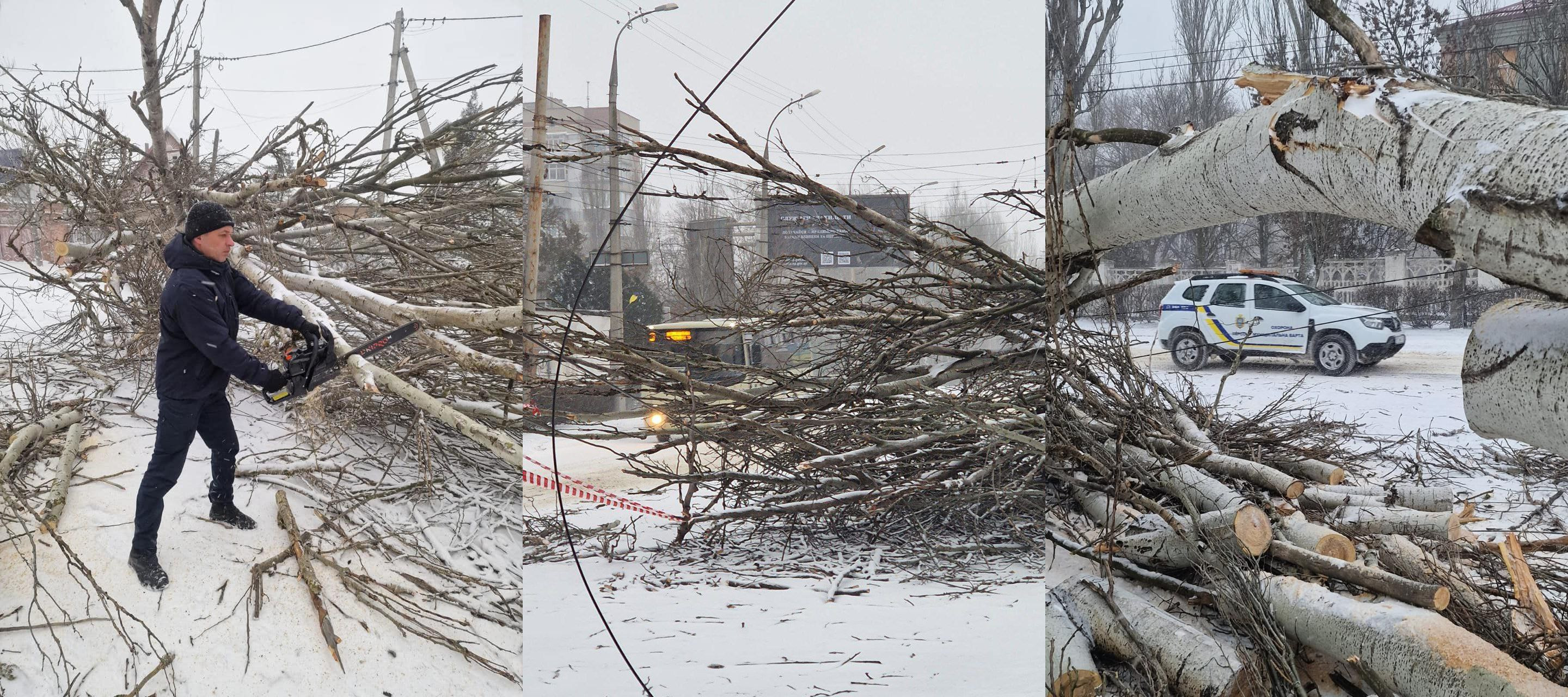 Колаж із трьох фотографій, що демонструють ліквідацію наслідків негоди: чоловік бензопилою розпилює повалене дерево на засніженій ділянці, гілки дерев перегороджують дорогу, а на фоні працює автомобіль патрульної поліції.