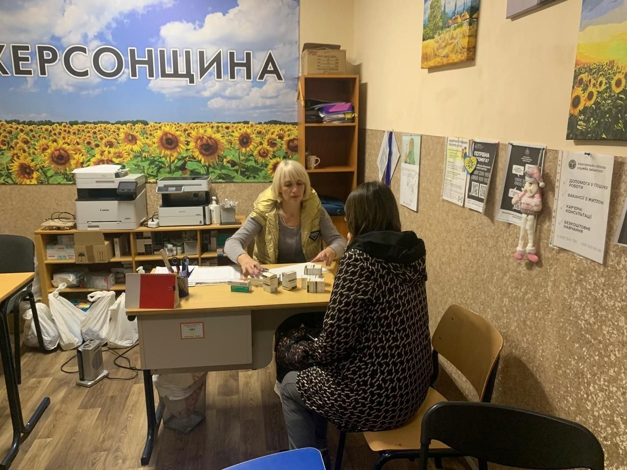 У приміщенні координаційного центру «Вільні разом» у Хмельницькому за робочим столом сидить співробітниця центру зі світлим волоссям у жовтій жилетці, яка консультує пацієнтку — жінку в темній візерунчастій кофті, що сидить спиною до кадру. На столі перед ними розкладено велику кількість упаковок безкоштовних лікарських засобів для видачі ВПО з Херсонщини. Зліва на задньому плані стоїть полиця з принтером, багатофункціональним пристроєм та медикаментами на тлі великої панорамної фотошпалери з соняшниковим полем, синім небом та написом «ХЕРСОНЩИНА». Праворуч на стіні кабінету розміщено інформаційні плакати, корисні контакти та оголошення для переселенців щодо працевлаштування, житла та безкоштовного навчання.