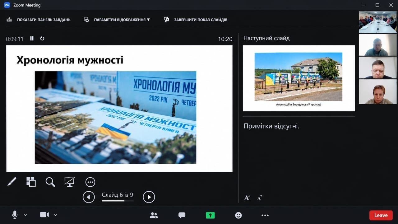 Скриншот екрана під час онлайн-трансляції першого засідання Координаційної ради з питань меморіалізації та вшанування пам’яті у додатку Zoom Meeting демонструє вікно демонстрації презентації «Хронологія мужності». Основну ліву частину чорного інтерфейсу програми займає слайд №6 із 9 під назвою «Хронологія мужності», на якому зображено розкладені примірники однойменних книг із підписом «2022 РІК. ЧЕТВЕРТА КНИГА» та патріотичною обкладинкою із синьо-жовтими кольорами. У правій частині екрана у режимі доповідача відображається мініатюра наступного слайда із фотографією меморіального простору просто неба та підписом «Алея надії в Борозенській громаді», під якою зазначено «Примітки відсутні». У крайньому правому вертикальному стовпчику вікна відеоконференції розташовані маленькі віконця чотирьох учасників трансляції: у верхньому віконці видно загальний план засідання ради у залі за великим столом, а у трьох нижніх віконцях окремо виведено трансляції інших учасників обговорення.