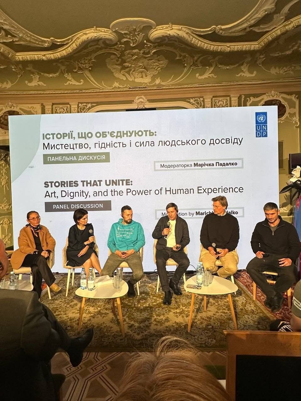 Панельна дискусія «Історії, що об’єднують: Мистецтво, гідність і сила людського досвіду» за участю представників Херсонського театру та ПРООН в Україні: у вишуканій залі з класичною ліпниною та позолотою на стелі на тлі великого світлого банера з логотипом «UNDP» на стільцях сидять учасники обговорення. Зліва направо на сцені розмістилися: жінка в коричневому пальті та окулярах, українська телеведуча новин ТСН на телеканалі «1+1 Марафон» та модераторка Марічка Падалко у витонченій темно-синій сукні з мікрофоном у руці, чоловік у бірюзовому худі, генеральний директор – художній керівник Херсонського обласного академічного музично-драматичного театру імені Миколи Куліша Олександр Книга з мікрофоном, амбасадор ПРООН та всесвітньо відомий датський актор Ніколай Костер-Вальдау у темному светрі та бежевих брюках, а також український актор театру та кіно Андрій Федінчик у чорній спортивній кофті на блискавці. Перед учасниками дискусії встановлено два невеликі круглі столики зі склянками та пляшками мінеральної води, а підлога застелена візерунчастим килимом.
