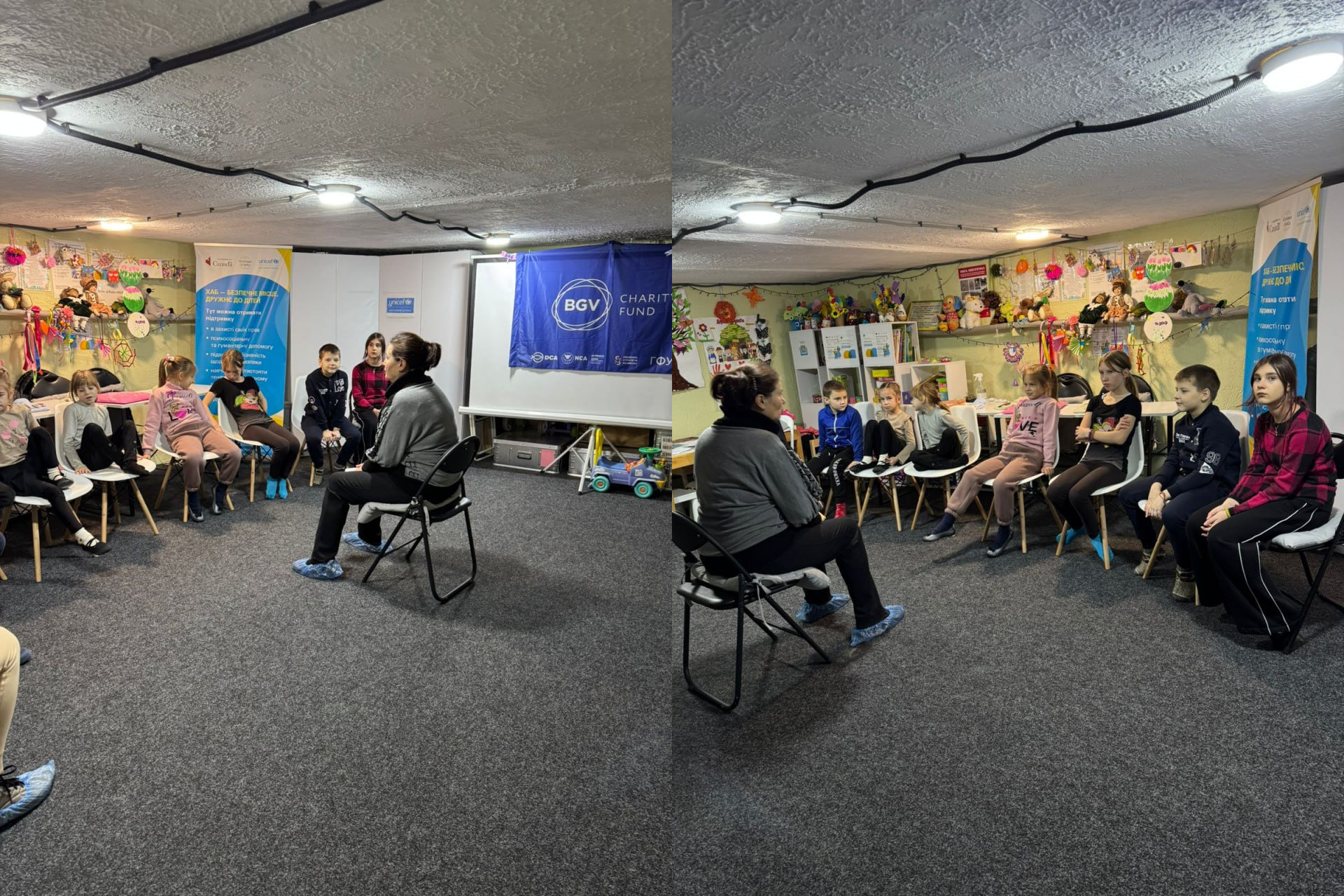 Група дітей та дорослих сидить у колі на стільцях у просторому приміщенні з сірим килимом, що нагадує дитячий освітній центр. На задньому плані видно синій банер BGV CHARITY FUND, а стіни прикрашені іграшками та малюнками.