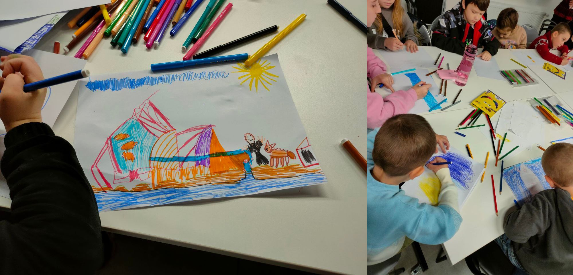 Дві частини зображення показують дітей, які малюють за столом. Зліва крупним планом – малюнок дитини, виконаний фломастерами, на якому зображено яскравий намет/житло на березі водойми, сонце і, можливо, людину з твариною. Праворуч – вид зверху, де кілька дітей схилилися над своїми малюнками, використовуючи багато кольорових олівців та фломастерів, розкиданих по білому столу.