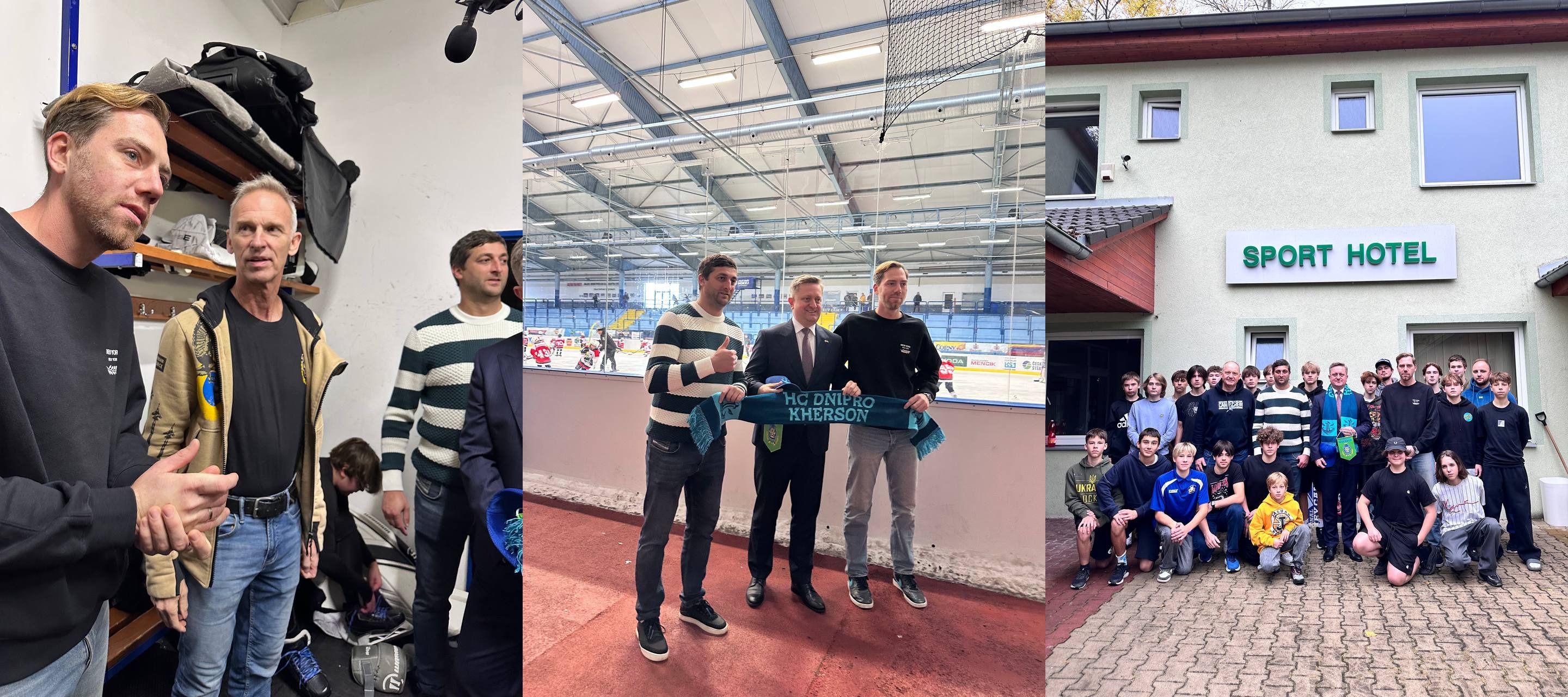 Це складене зображення (колаж) з трьох окремих фотографій. Ліворуч: Двоє чоловіків стоять у роздягальні. Один, світловолосий, у чорному світшоті, інший, старший, у чорній футболці, джинсах та розстебнутій жовто-чорній куртці, здається, що спілкуються. У фокусі позаду них видно полиці з різноманітними сумками та спорядженням. По центру: Четверо чоловіків стоять на льоду хокейної арени, вірогідно, перед початком або після тренування чи матчу. Вони тримають розгорнутий шарф із написом