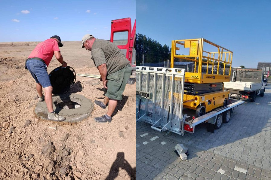Колаж із двох фото: на першому двоє чоловіків встановлюють кришку на бетонне кільце люка в полі; на другому — жовтий самохідний ножичний підйомник, закріплений на причепі автомобіля.