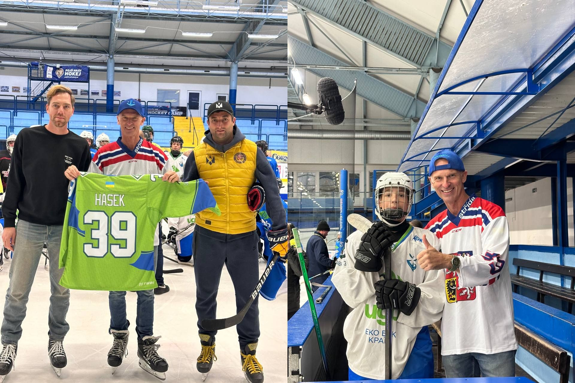 Зображення-колаж, що показує хокейних гравців і, ймовірно, відомих спортивних діячів на льодовій арені. Ліва частина зображення: Троє чоловіків стоять на ковзанах. Чоловік у центрі, у синій кепці та светрі, разом із чоловіком у чорній кофті, тримають хокейну джерсі яскраво-зеленого кольору. На джерсі великими літерами написано прізвище