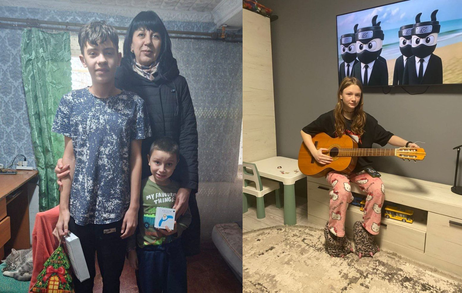 Колаж з двох зображень, на яких сім'ї отримують подарунки: зліва жінка та двоє хлопчиків стоять у приміщенні; справа дівчинка грає на гітарі перед телевізором із мультфільмом.