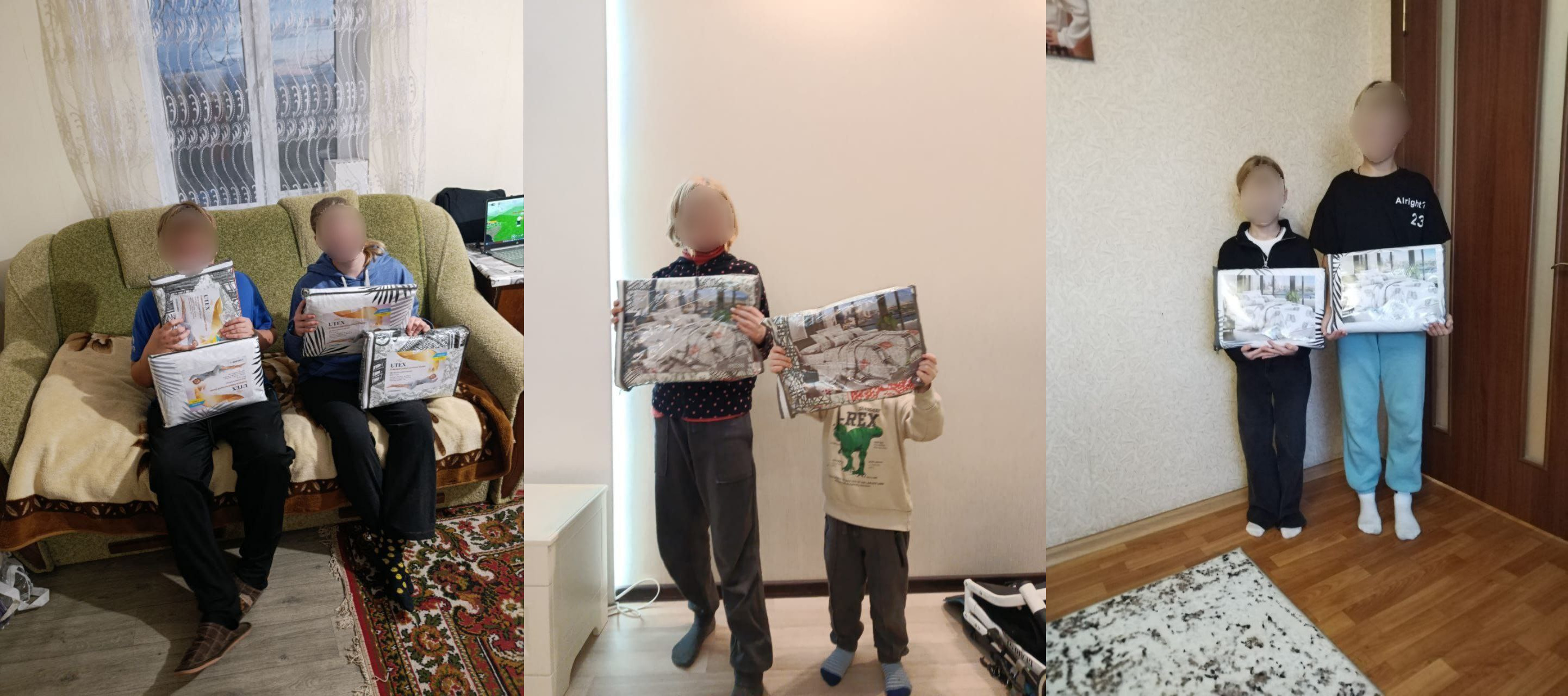 Колаж із трьох вертикальних фотографій: на кожній діти стоять або сидять у кімнатах і тримають великі пласкі пакунки з гуманітарною допомогою або подарунками.