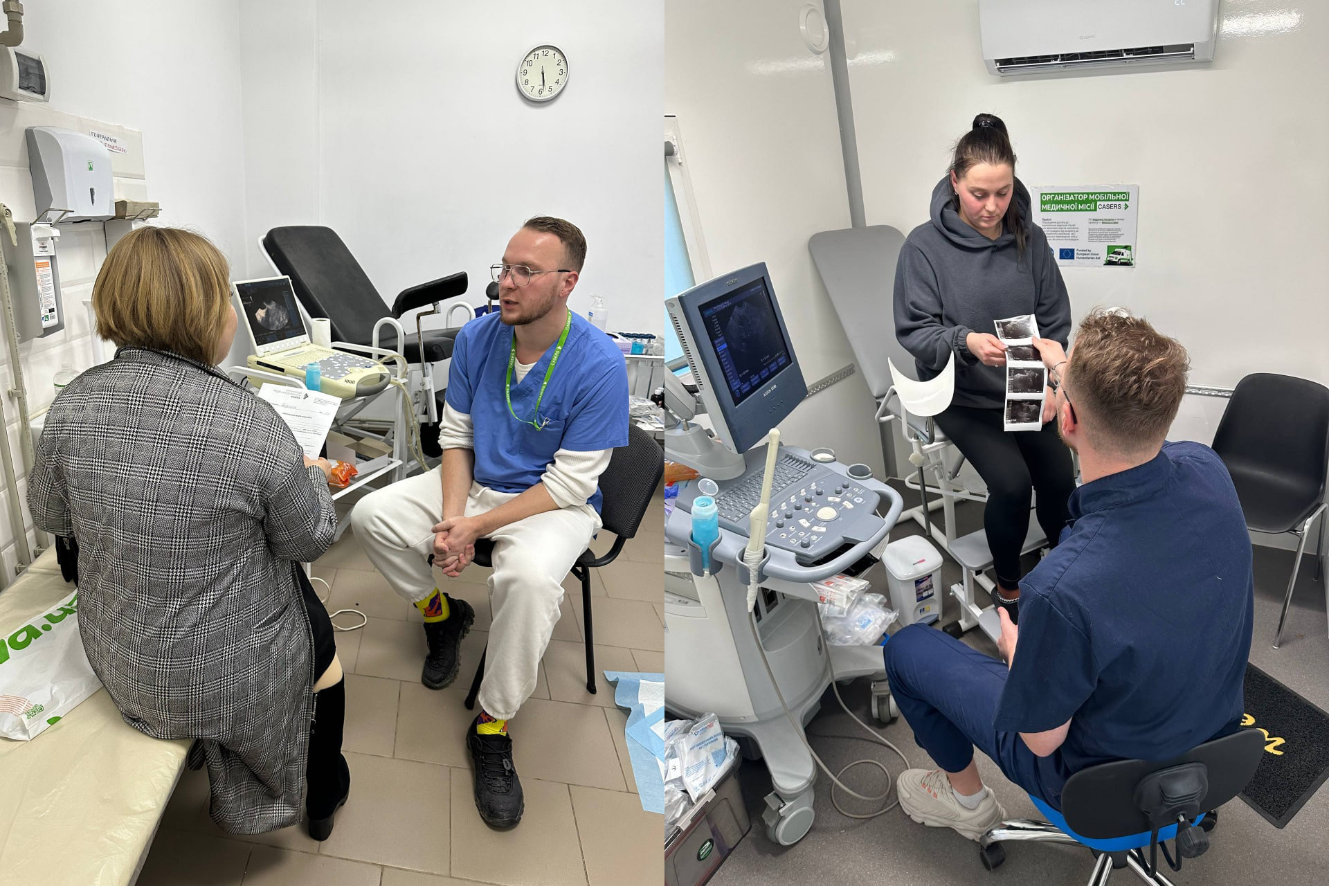 Два лікарі спілкуються з двома пацієнтами в кабінеті ультразвукової діагностики, де видно медичне обладнання, включаючи УЗД-апарат, кушетку та монітори.