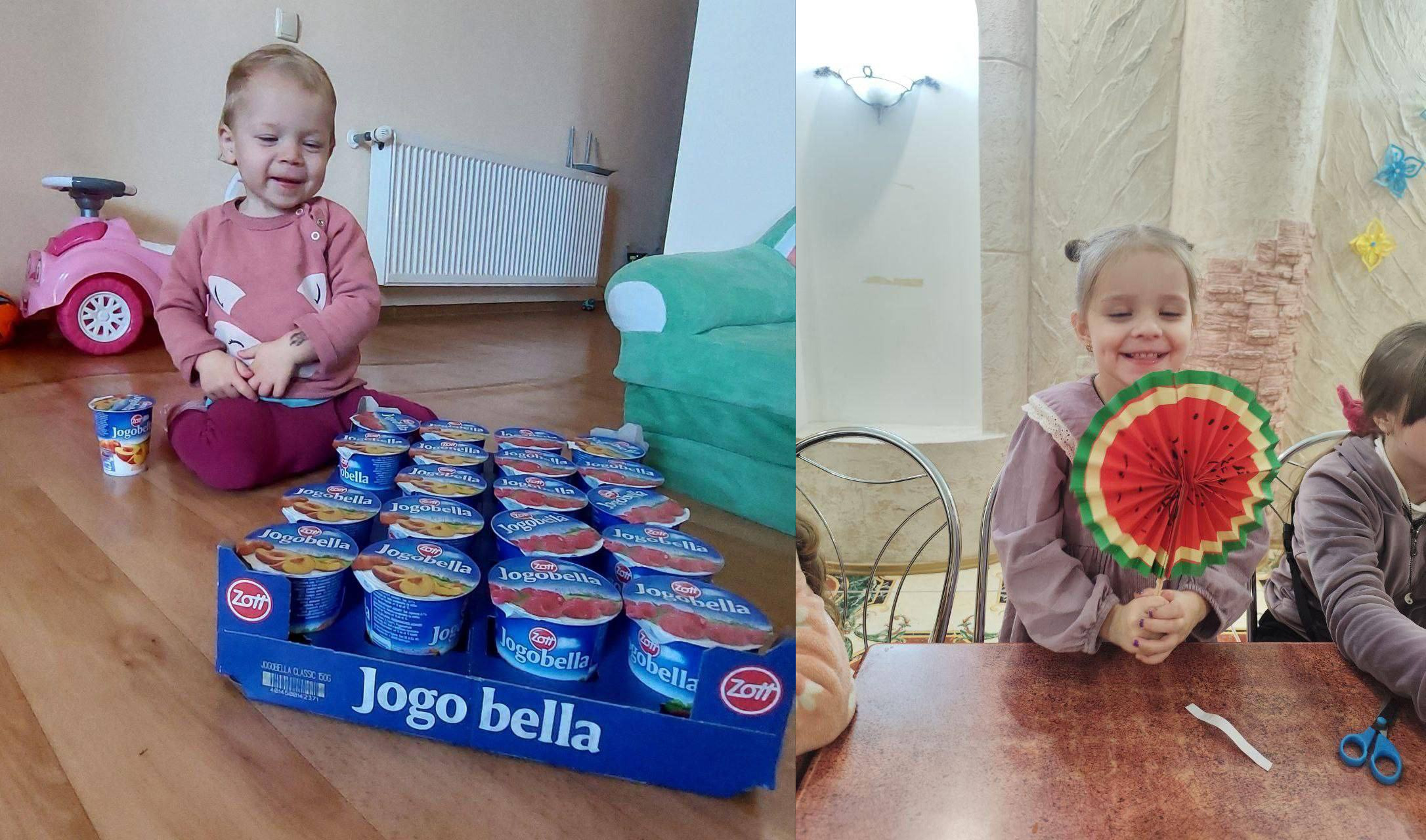 Колаж із двох фотографій: Ліворуч: Маленька дитина сидить на дерев'яній підлозі поруч із великим ящиком йогуртів Zott Jogobella. Праворуч: Дівчинка усміхається, тримаючи саморобний паперове віяло у формі шматочка кавуна.