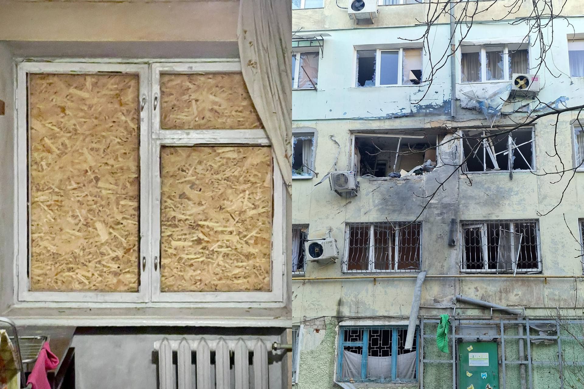 Два кадри пошкодженого будинку. Зліва — вікно, повністю забите плитами OSB (орієнтовано-стружкова плита), зсередини приміщення. Справа — фасад житлового будинку зі значними пошкодженнями: вибиті вікна, обгорілі стіни та сліди руйнування від вибуху, особливо в центральній частині.