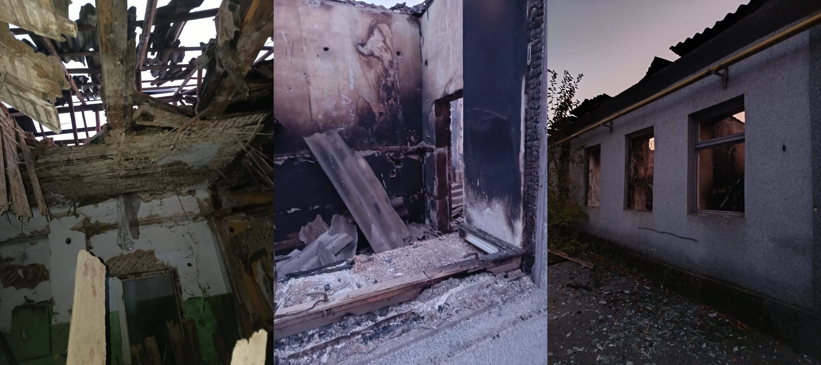 Три знімки пошкоджених і зруйнованих інтер’єрів та фасадів будівель: зліва – зруйнований дах і стеля, по центру – обгорілі стіни кімнати, справа – пошкоджений фасад із розбитими вікнами.