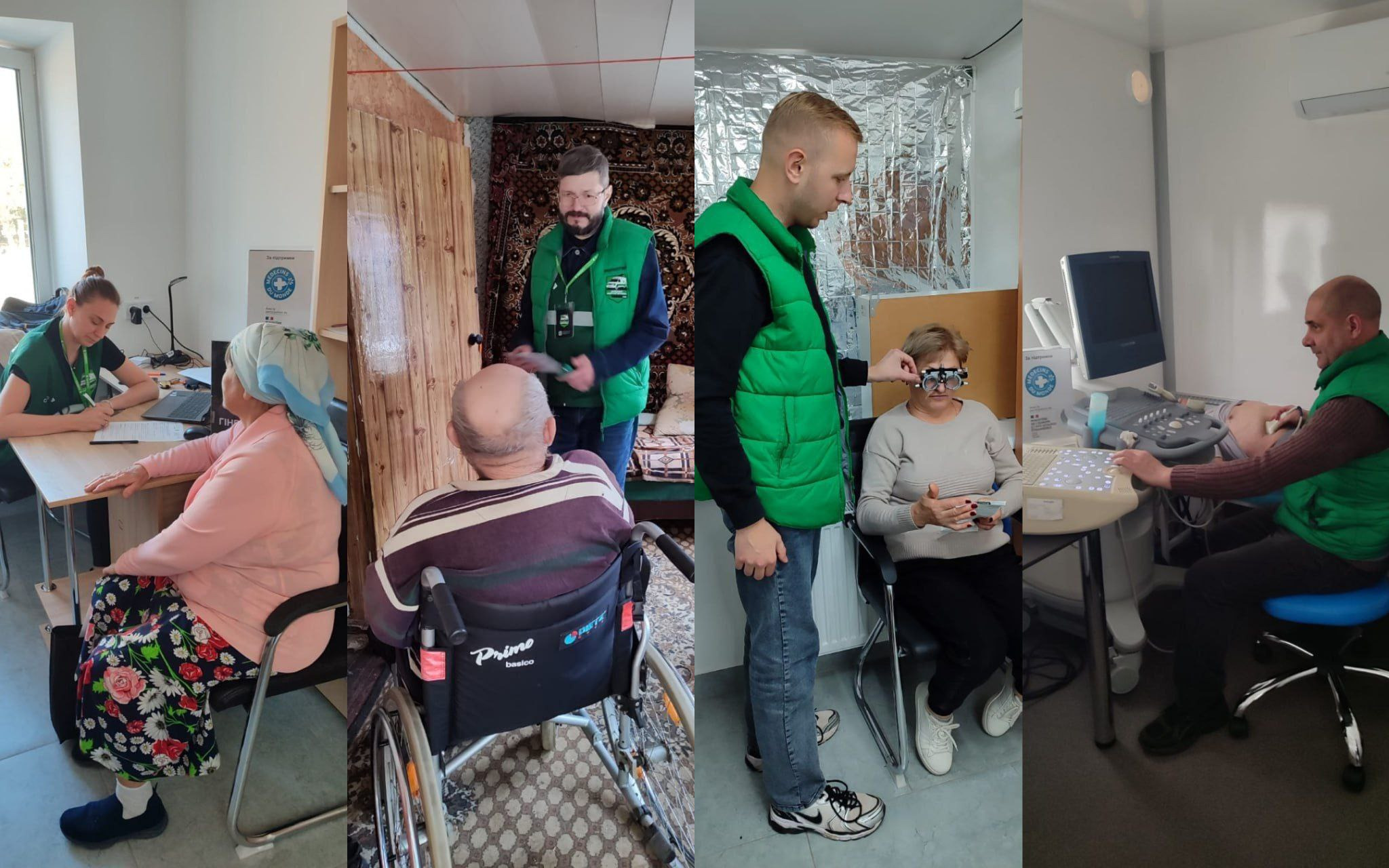 Чотири фотографії, що показують роботу медичної бригади. Зліва направо: жінка-лікар за столом, пацієнт у кріслі колісному спілкується з чоловіком у зеленому жилеті, жінка проходить огляд очей, чоловік проходить УЗД.