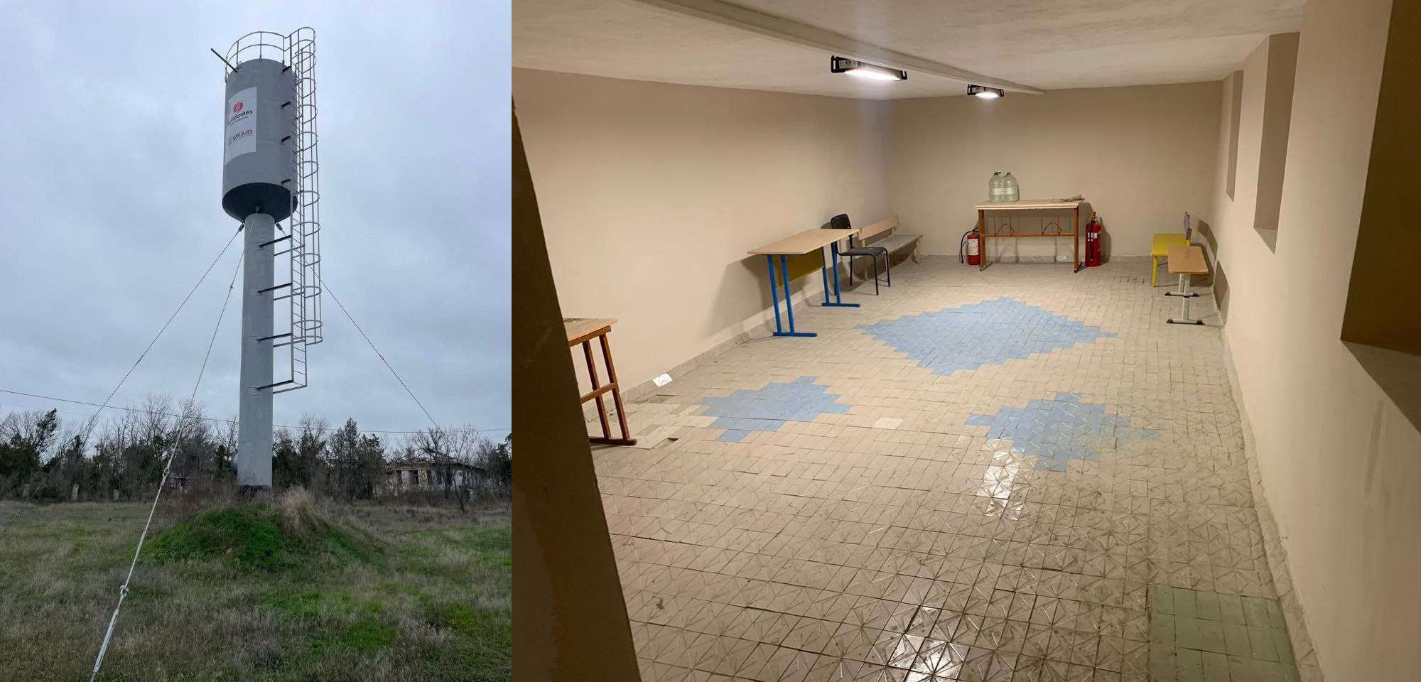 Зображення об’єктів цивільної інфраструктури. Ліворуч — вузька водонапірна вежа сірого кольору з драбиною. Праворуч — чисте підвальне приміщення зі світлими стінами, столами, стільцями та баками з питною водою, що слугує сховищем.