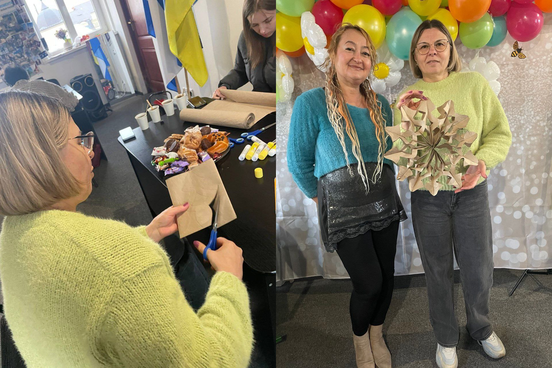 Два кадри. Ліворуч: жінка в салатовому светрі вирізає щось із коричневого паперу за столом, де лежать солодощі та приладдя для рукоділля. Праворуч: ця ж жінка стоїть поруч з іншою жінкою на тлі композиції з повітряних кульок, тримаючи в руках велику паперову сніжинку (зірку).