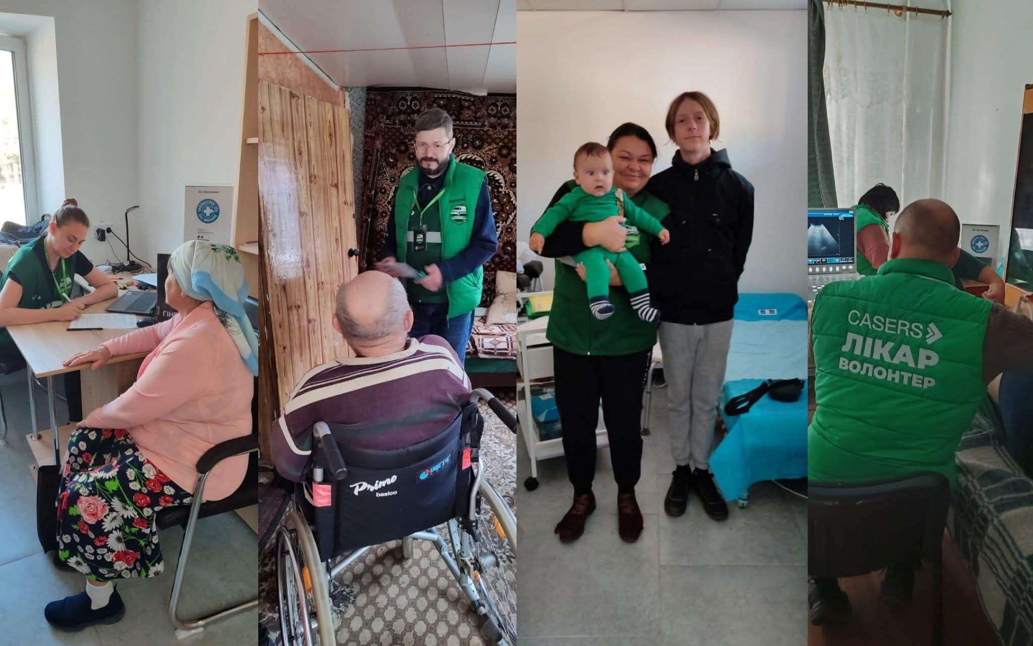 Колаж, що ілюструє роботу мобільної медичної команди CASERS. На фотографіях медики у зелених жилетах надають допомогу пацієнтам (серед яких літній чоловік в інвалідному візку та жінка, що проходить обстеження) та взаємодіють із сім'ями. На одній із фотографій лікар проводить УЗД.