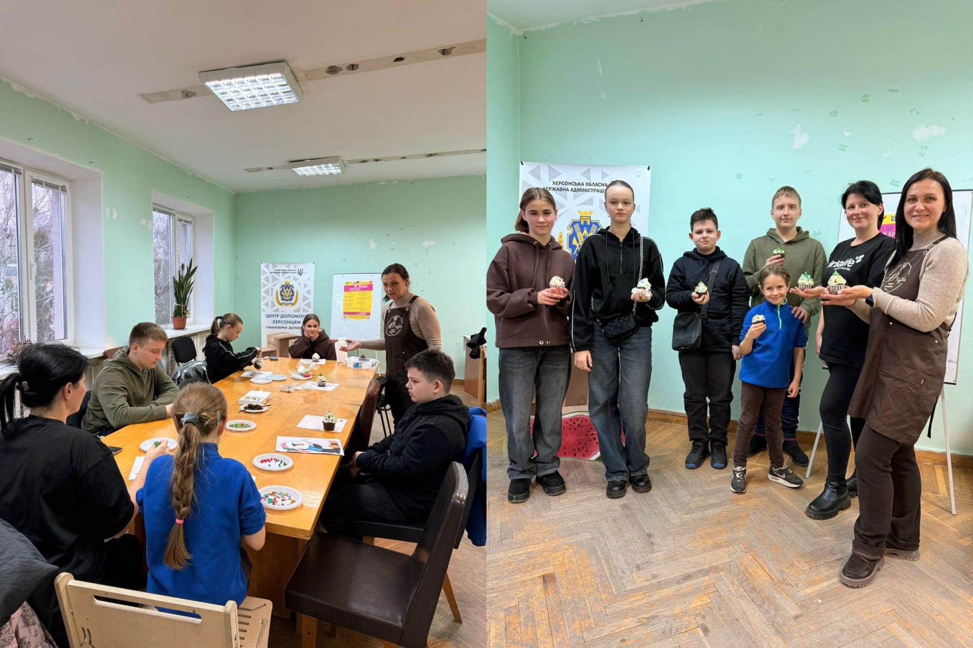 Здвоєне зображення, що відображає майстер-клас із прикрашання кексів. На лівій частині група дорослих та дітей прикрашають кекси кремом та кольоровою посипкою. На правій частині учасники майстер-класу тримають в руках свої готові прикрашені кекси для групового фото.