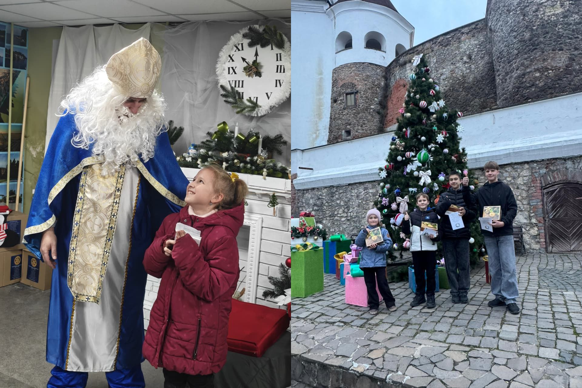 Два знімки, об'єднані в одне зображення, присвячені зимовим святам. Ліворуч: Дівчинка в червоній куртці стоїть поруч з чоловіком, одягненим у костюм Святого Миколая (синя мантія та біла борода) у приміщенні з великим годинником на задньому плані. Праворуч: Група з чотирьох дітей-підлітків стоїть біля великої прикрашеної новорічної ялинки на подвір'ї фортеці або замку (Мукачівський замок Паланок). Вони тримають подарунки або книги.