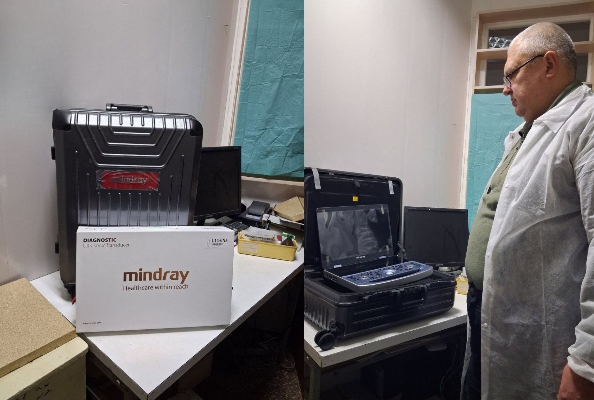 Колаж із двох фотографій, що демонструють нове медичне обладнання Mindray. На першому фото — закритий захисний кейс та коробка на робочому столі, на другому — лікар у білому халаті оглядає розгорнуту портативну систему ультразвукової діагностики.