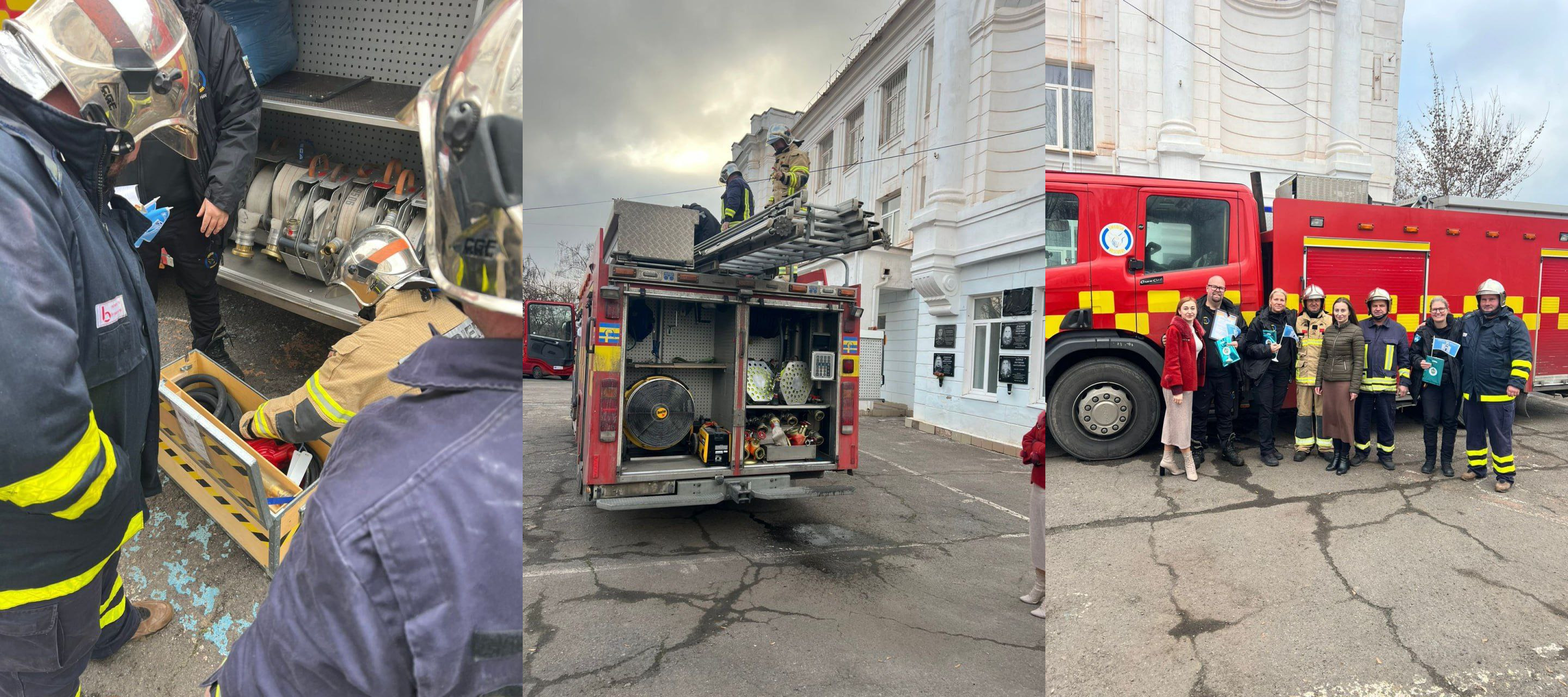 Монтаж із трьох фотографій, що відображають діяльність пожежників: (зліва) рятувальники в уніформі оглядають обладнання, зокрема шланги; (у центрі) пожежна машина з висувною драбиною, на якій працюють двоє пожежників; (справа) група людей, серед яких пожежники та цивільні, стоять поруч із червоною пожежною машиною на вулиці.