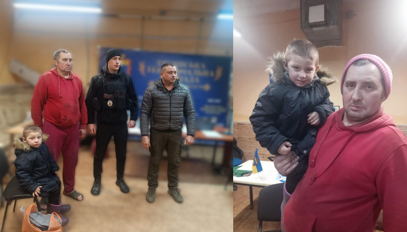 Колаж із двох фотографій: ліворуч — чоловік у червоному светрі, хлопчик, двоє чоловіків у військовій формі; праворуч — чоловік у червоному светрі, який тримає на руках маленького хлопчика.