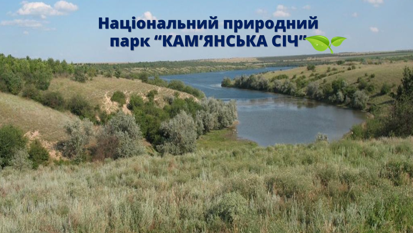 Панорамний краєвид степу та річки в національному парку «Кам'янська Січ» під сонячним небом.