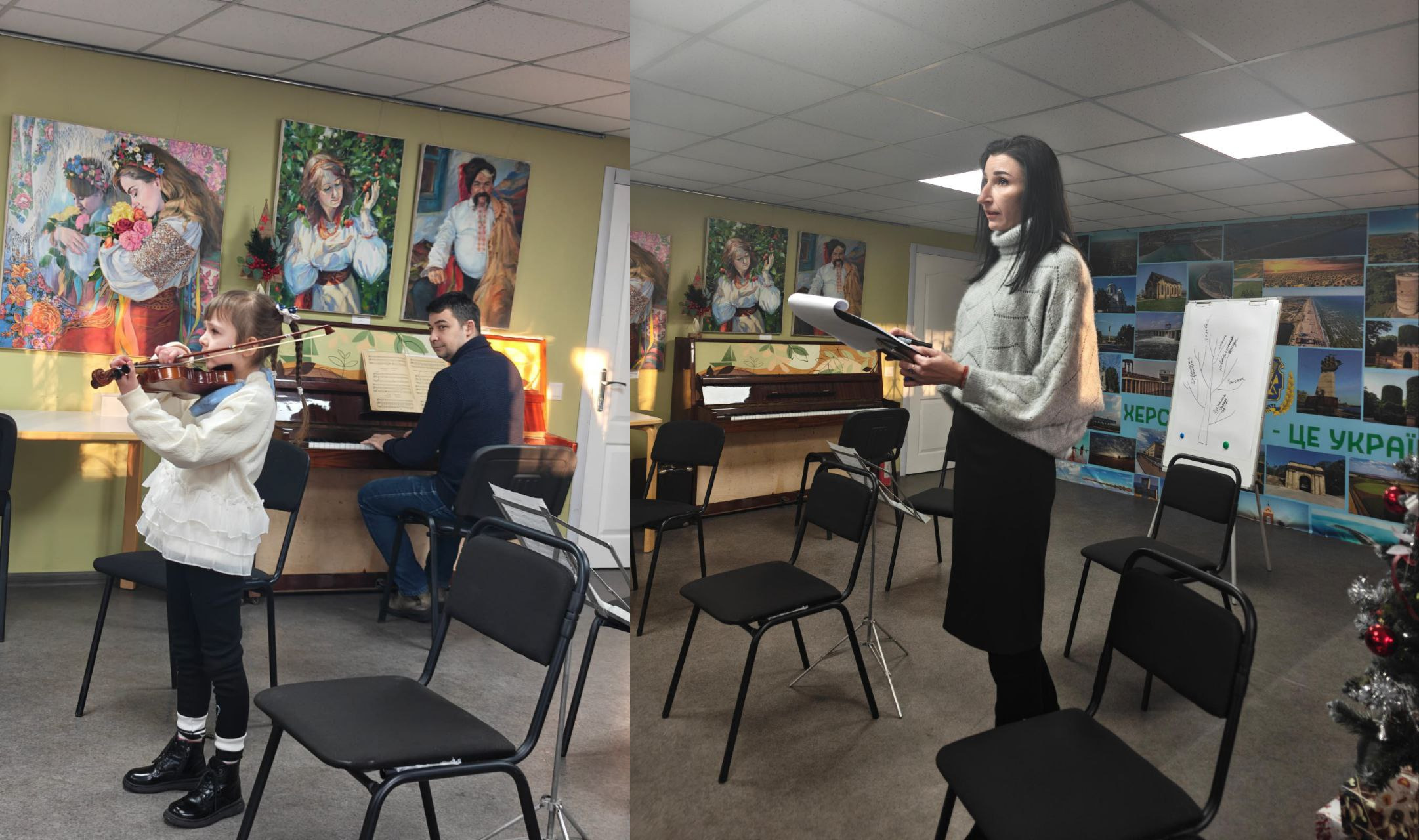 Колаж із двох фотографій, зроблених у мистецькій студії. На лівому фото дівчинка грає на скрипці під акомпанемент чоловіка за піаніно на фоні картин. На правому фото жінка в сірому светрі стоїть перед аудиторією з планшетом для паперу, поруч розміщено фліпчарт із малюнком дерева та стіну з фотографіями краєвидів.