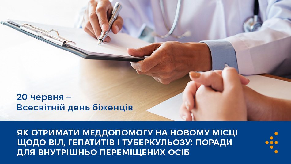 Інформаційна картка до Всесвітнього дня біженців (20 червня). На зображенні руки лікаря в білому халаті, що робить записи в медичній картці, та руки пацієнта на столі. Нижче розміщено текст про те, як внутрішньо переміщеним особам отримати медичну допомогу щодо ВІЛ, гепатитів і туберкульозу на новому місці.