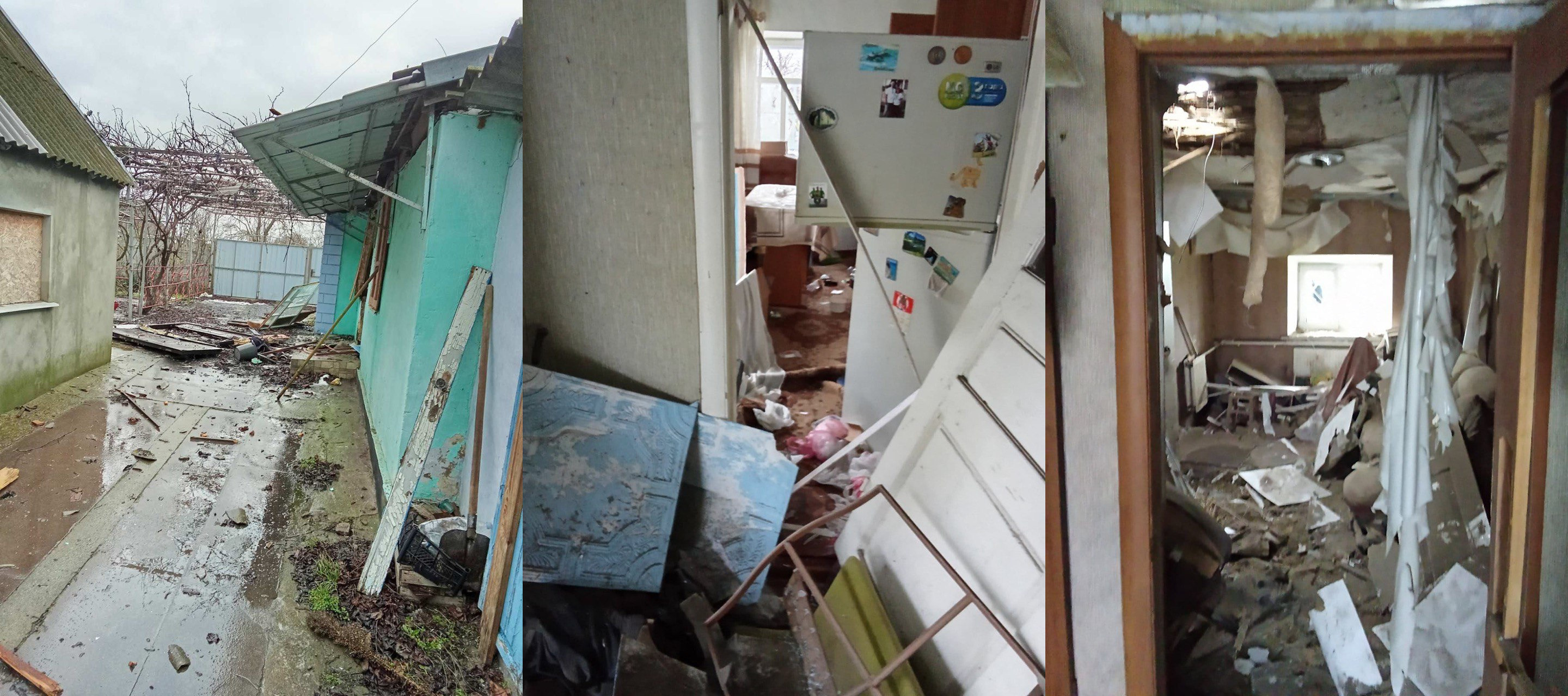 Колаж із трьох фото: наслідки обстрілу приватного будинку. Зліва — завалене уламками подвір’я; посередині — пошкоджена кухня з похиленим холодильником; справа — кімната з обваленою стелею та розкиданим будівельним сміттям.