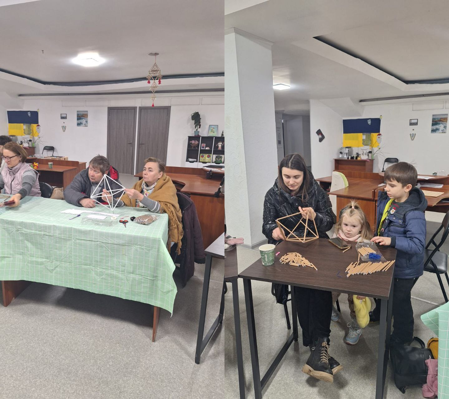 Колаж із двох фотографій, що демонструють процес майстер-класу в приміщенні. Зліва — двоє дорослих за столом з ніжно-зеленою скатертиною збирають велику геометричну фігуру (різдвяний павук). Справа — жінка та двоє дітей сидять за темним столом, працюючи з дерев'яними паличками для створення аналогічного виробу. На задньому плані видно офісні меблі та державну символіку України.