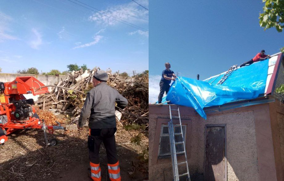 Колаж із двох фотографій, що ілюструють господарські та ремонтні роботи: на першому фото чоловік працює біля подрібнювача гілок поруч із великою купою деревини, на другому — робітники накривають дах будинку яскраво-блакитною захисною плівкою.