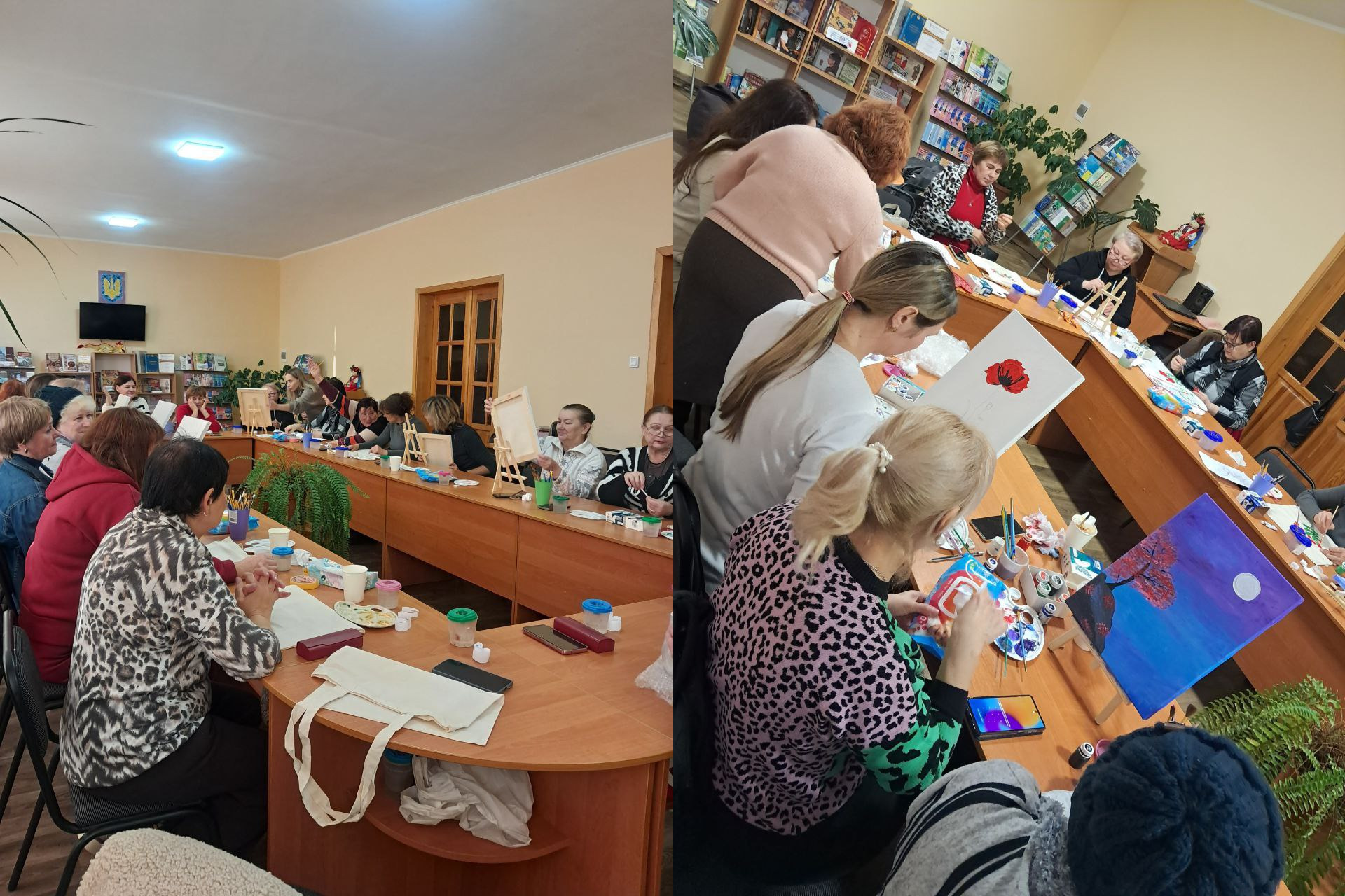 Колаж із двох фотографій, що ілюструють творчий майстер-клас: на лівій — група жінок сидить за великим столом у світлій аудиторії та працює над малюнками на мольбертах; на правій — вид зблизька на процес малювання, де на полотнах видно зображення червоної квітки та нічного пейзажу з фіолетовим небом.