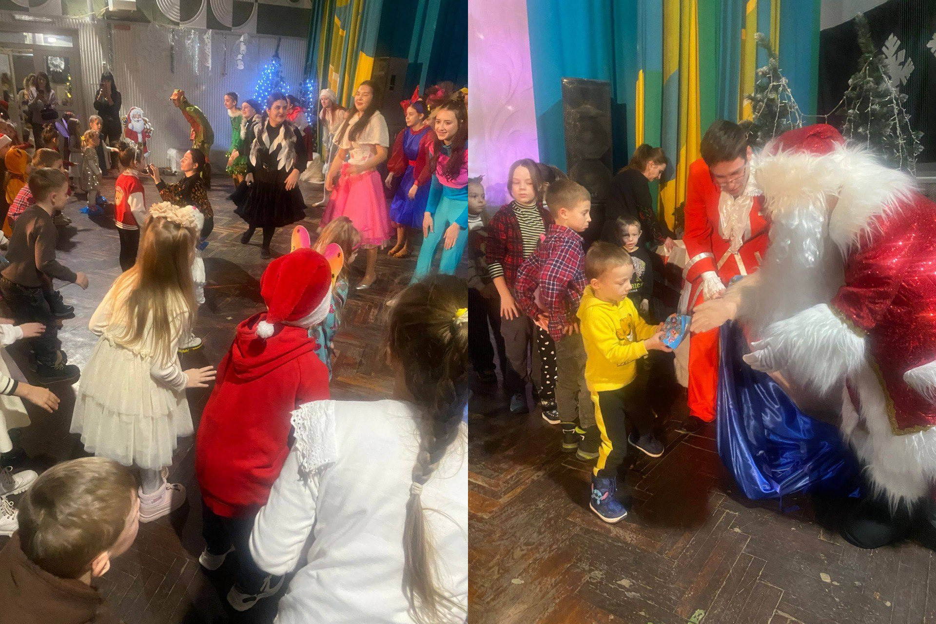 Колаж із двох фотографій зі святкового заходу: на лівій діти та дорослі у святковому вбранні танцюють у колі біля новорічної ялинки; на правій — аніматор у костюмі Святого Миколая вручає подарунок хлопчику в жовтому костюмі.