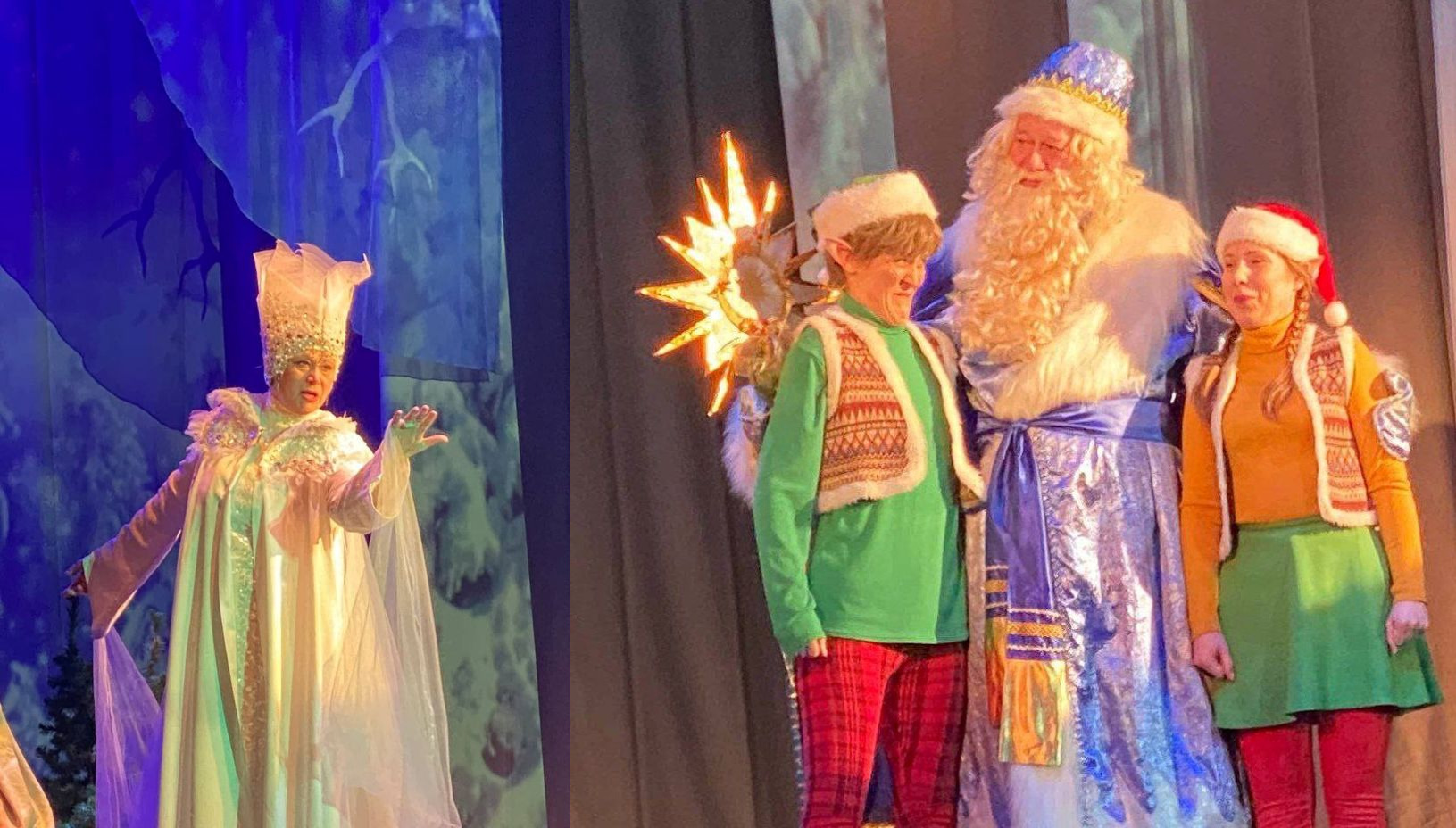 Колаж із двох фотографій театральної вистави на різдвяну тематику. На сцені актори в яскравих костюмах казкових героїв: Снігової королеви, Святого Миколая та ельфів-помічників із сяючою різдвяною зіркою.